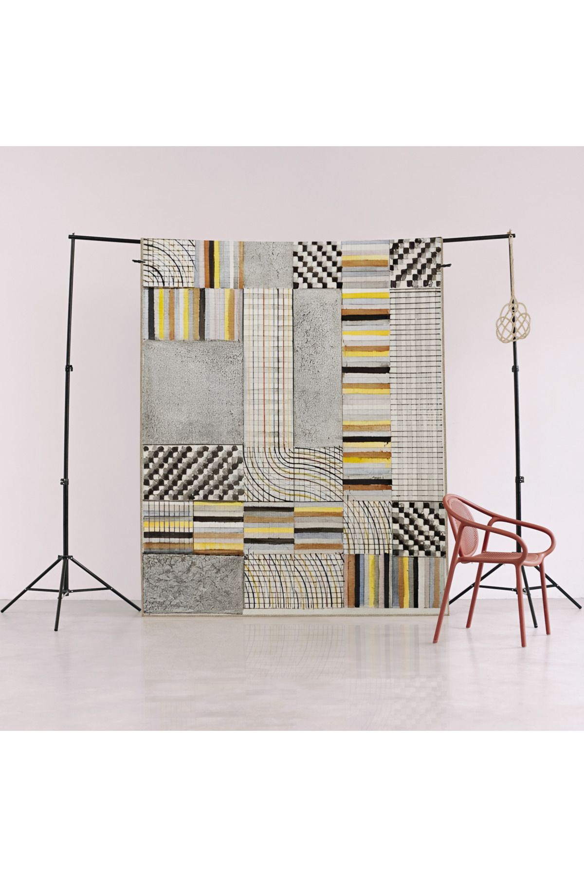 Gri Temalı Şerit Desenli Kreatif Modern Dekoratif Halı 1986