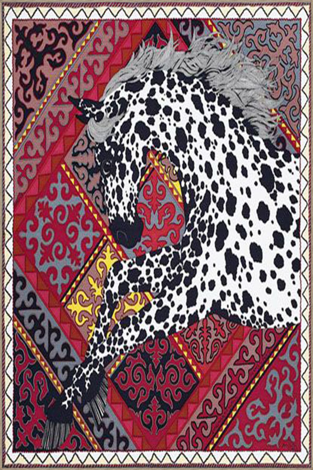 Kırmızı Renkli At Geometrik Modern Dekoratif Halı miravip228