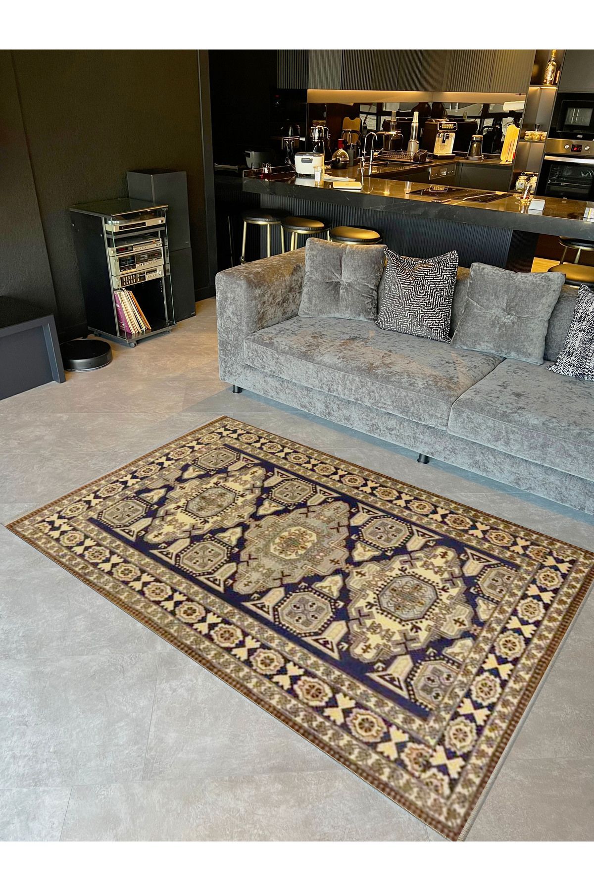 İnci Koleksiyonu Siyah Bej Tema Etnik Geleneksel Desenli Dokuma Taban Vintage Dekoratif Halı inci21