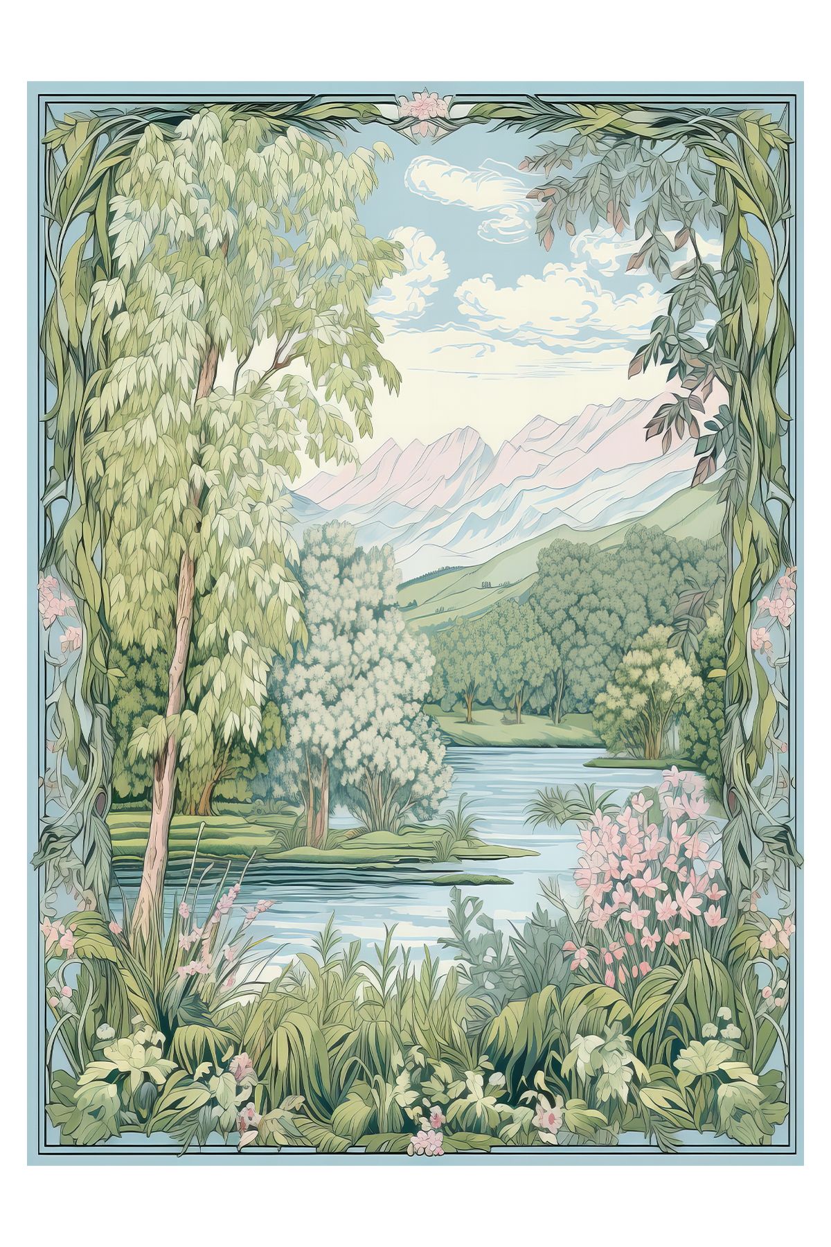 Paris Koleksiyonu Mavi Yeşil Tonlarda Doğa Desenli Modern Dekoratif Halı paris10