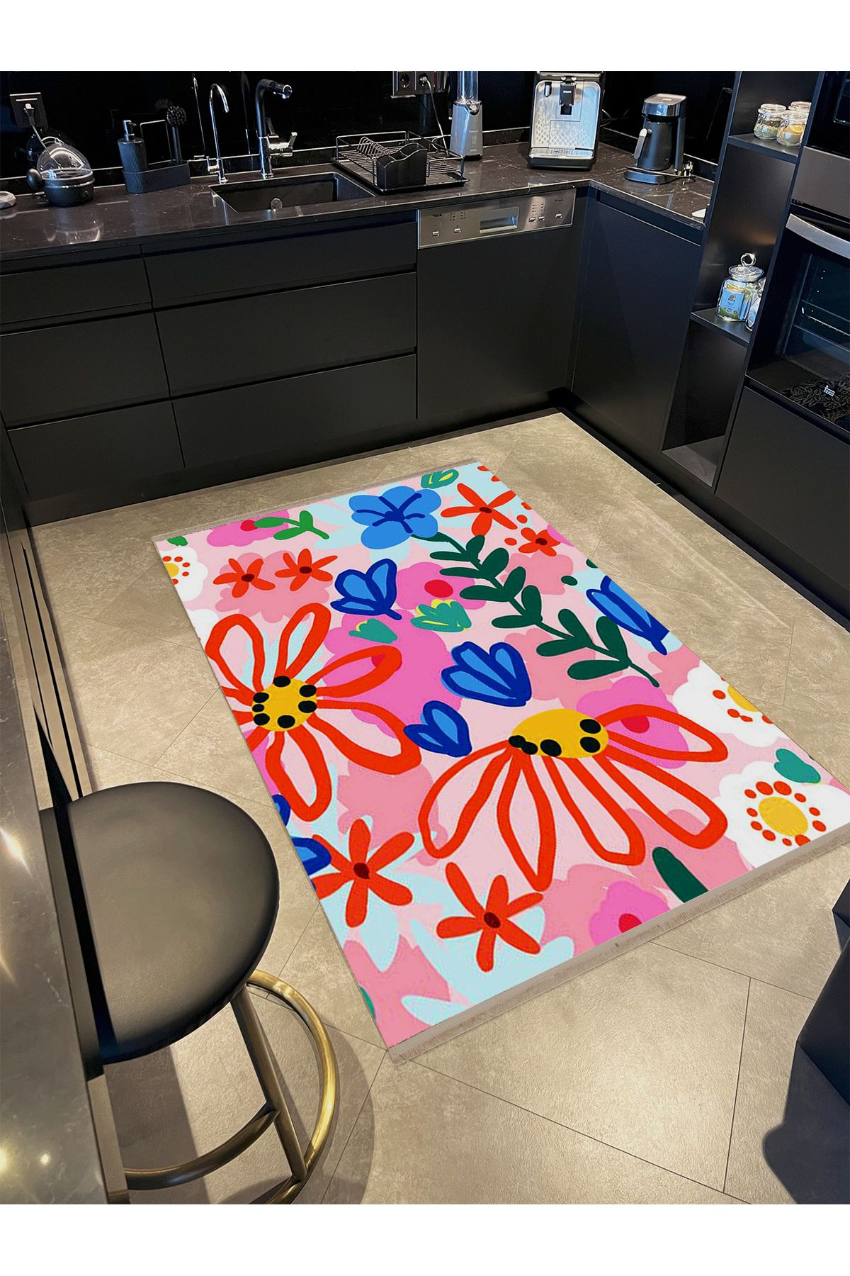 Özge Koleksiyonu Çok Renkli Çiçekler ve Yapraklar Desenli Dokuma Taban Modern Dekoratif Halı özge38