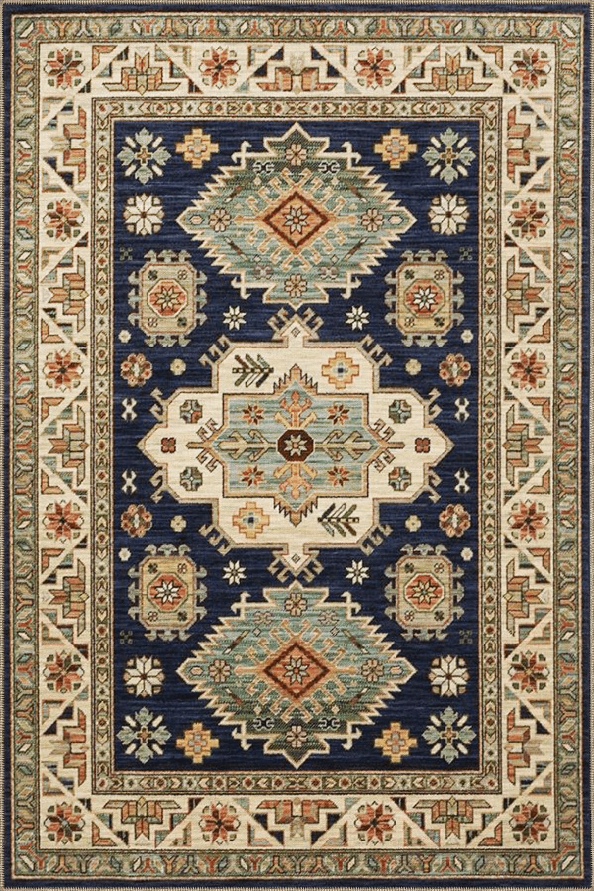 Lacivert Bej Temalı Geleneksel Motif Çiçek Desenli Vintage Dekoratif Halı 3881