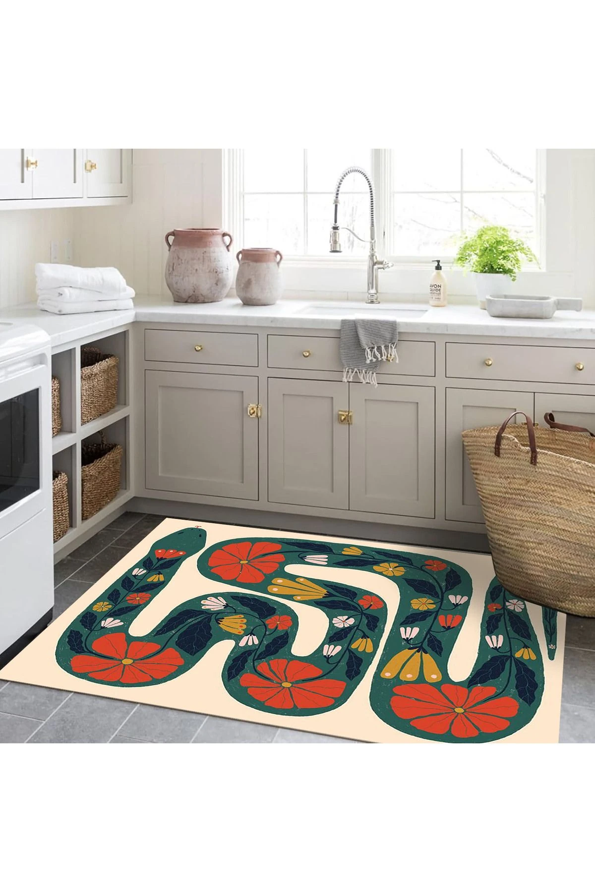 Ebru Koleksiyonu Yeşil Turuncu Çiçek Detaylı Yılan Desenli Dokuma Taban Modern Dekoratif Halı ebru20