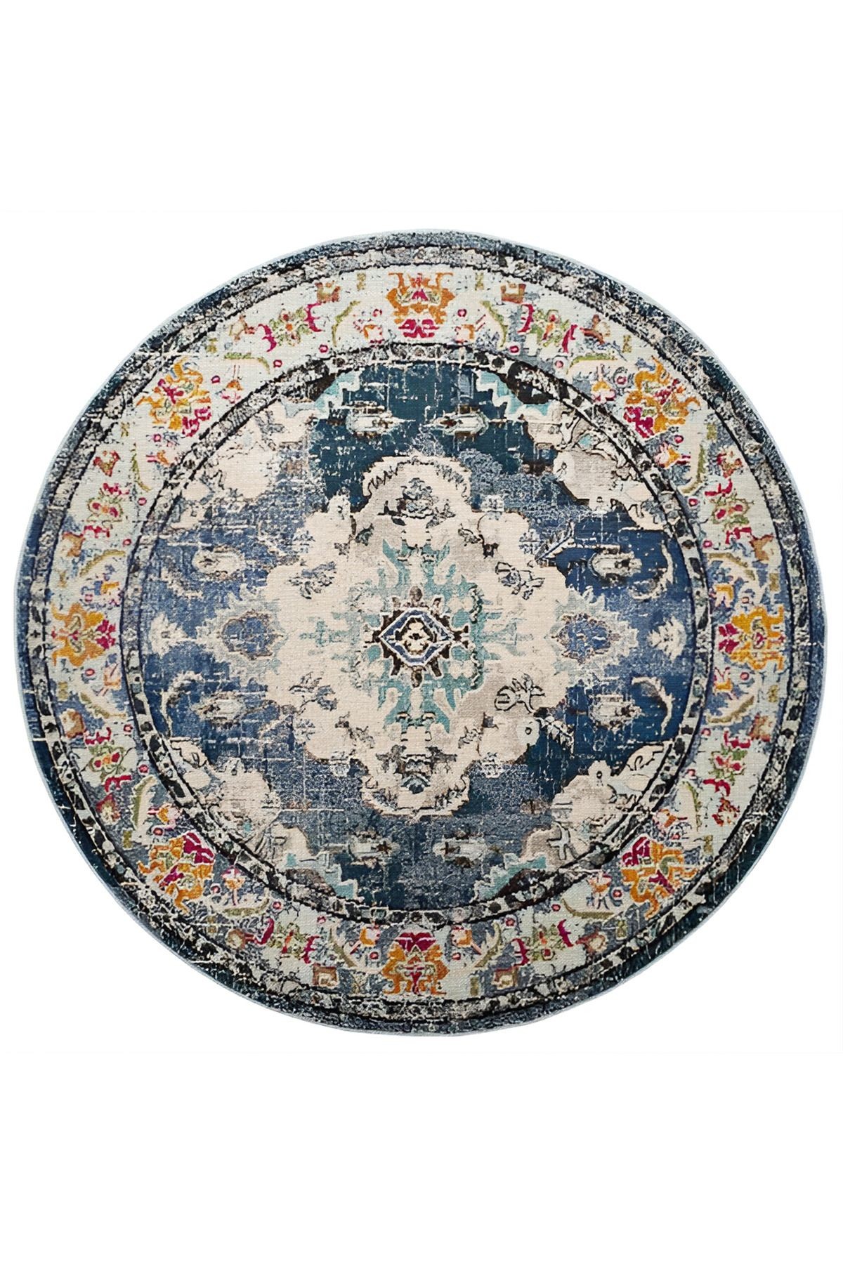 Lacivert Ton Çok Renkli Geleneksel Motif Desenli Vintage Dokuma Taban Yuvarlak Dekoratif Halı 2099