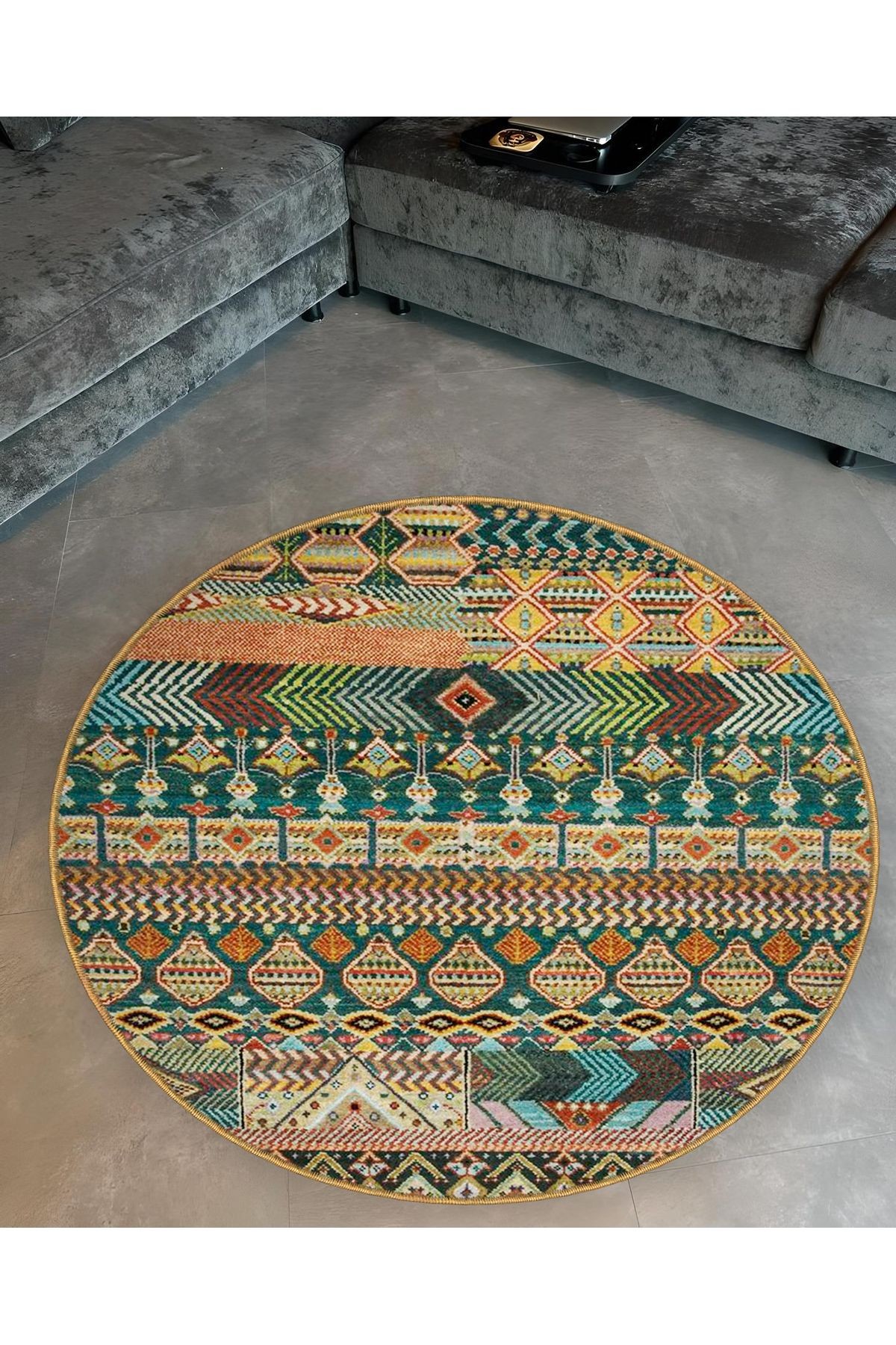 Mira Yuvarlak Yeşil Bej Etnik Desen Detaylı Dokuma Taban Modern Dekoratif Halı 5613