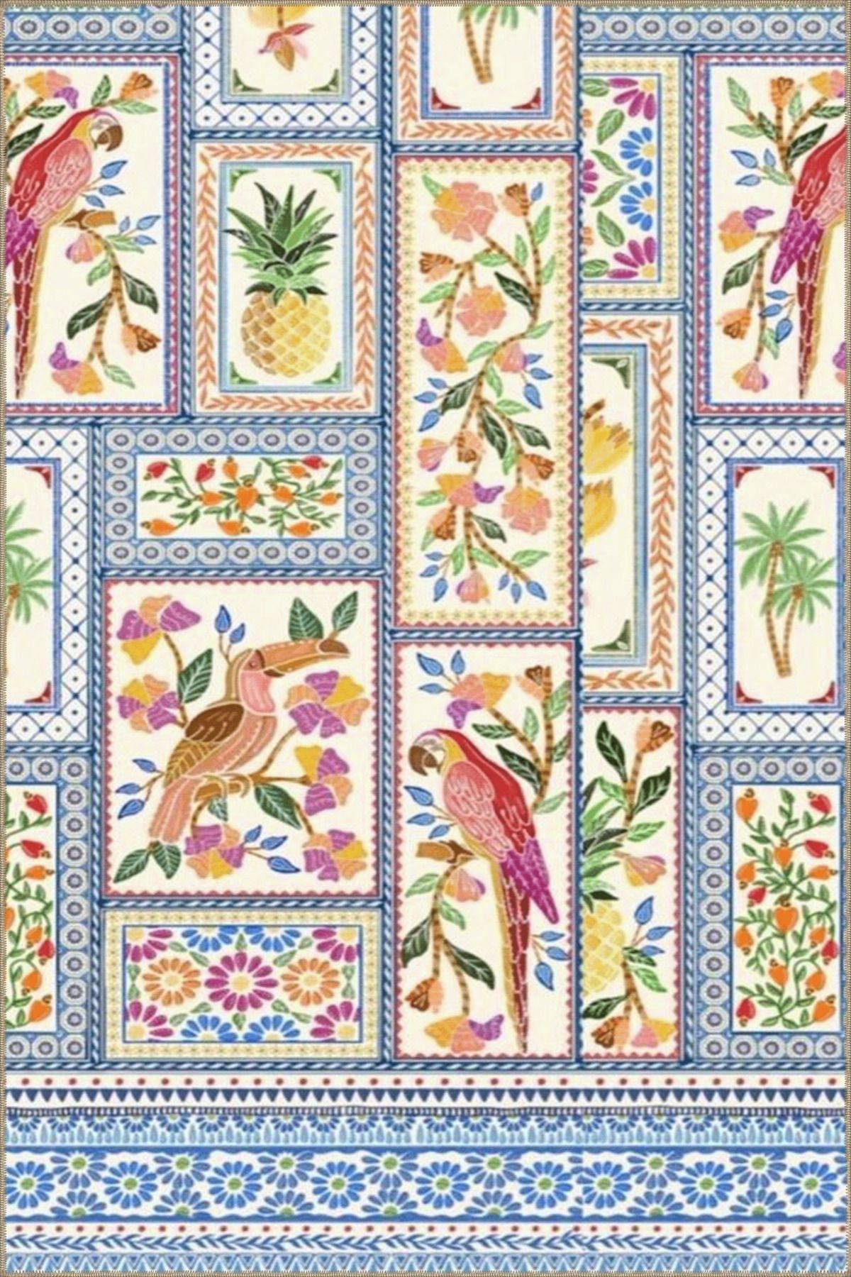 Çok Renkli Papağan Çiçek ve Ananas Desenli Modern Dekoratif Halı 3536