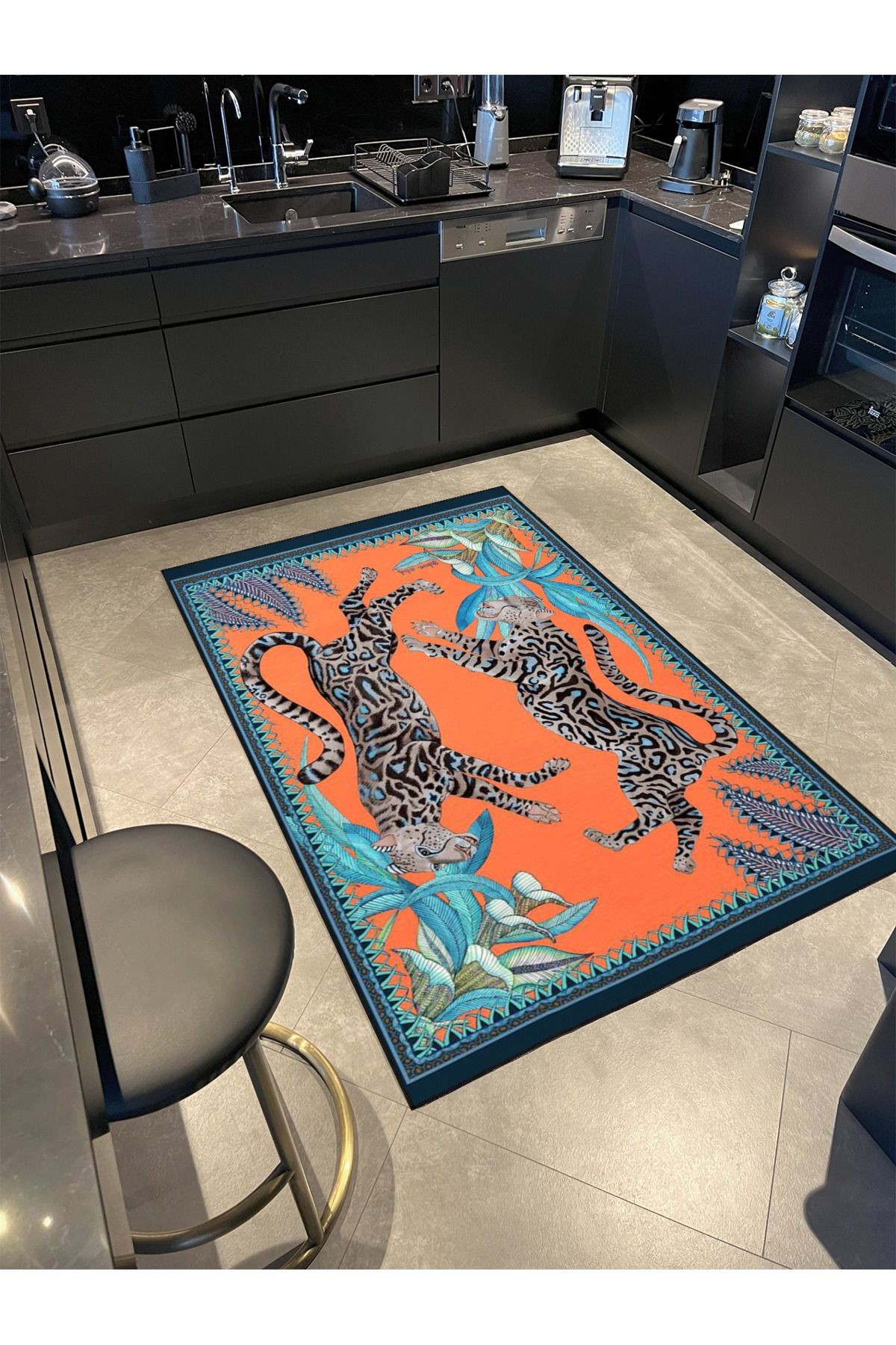 Turuncu Leopar Hayvan Desenli Modern Dekoratif Halı miravip294