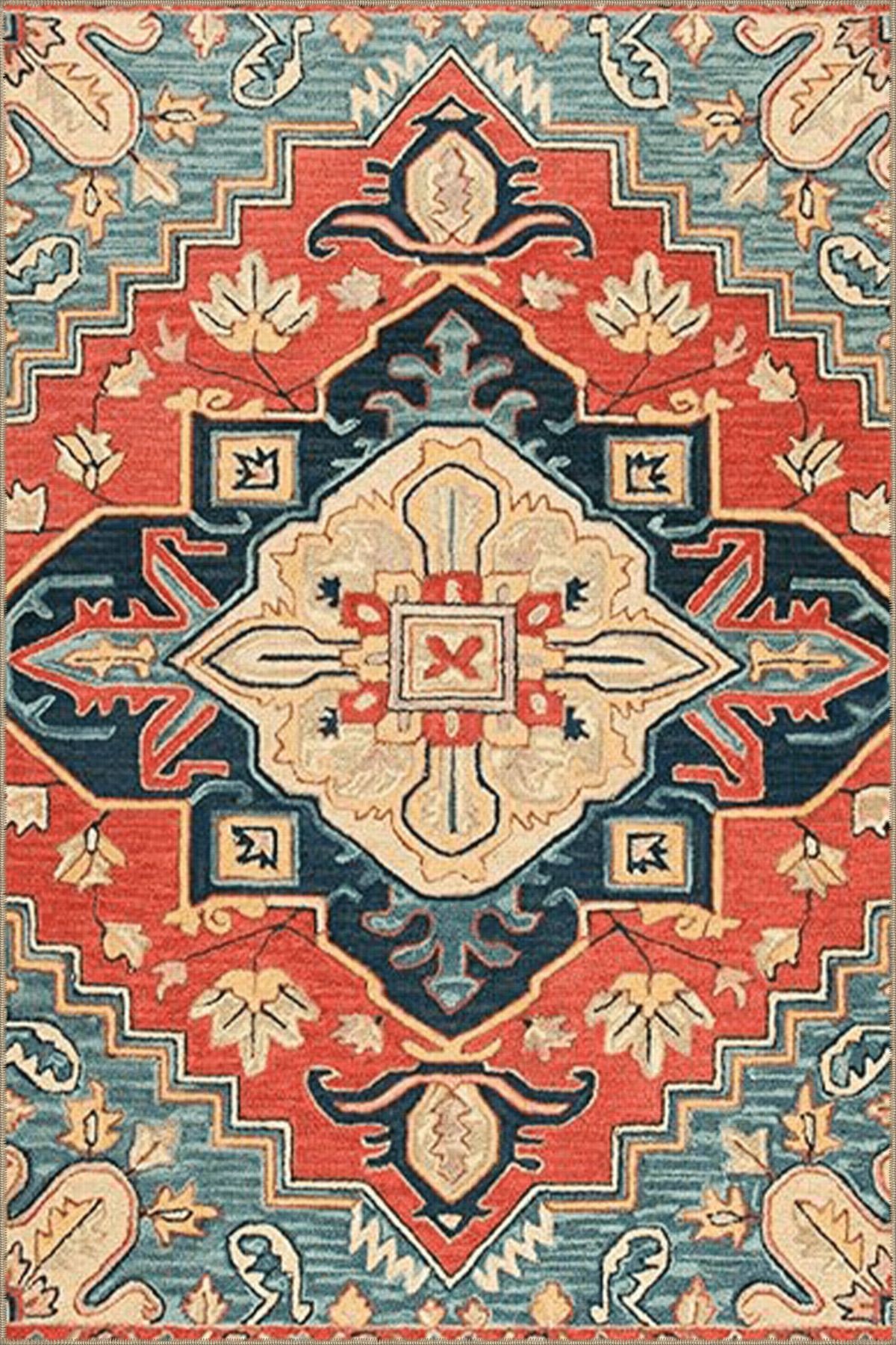 Turuncu Mavi Temalı Geleneksel Motif Etnik Desenli Vintage Dekoratif Halı 3809