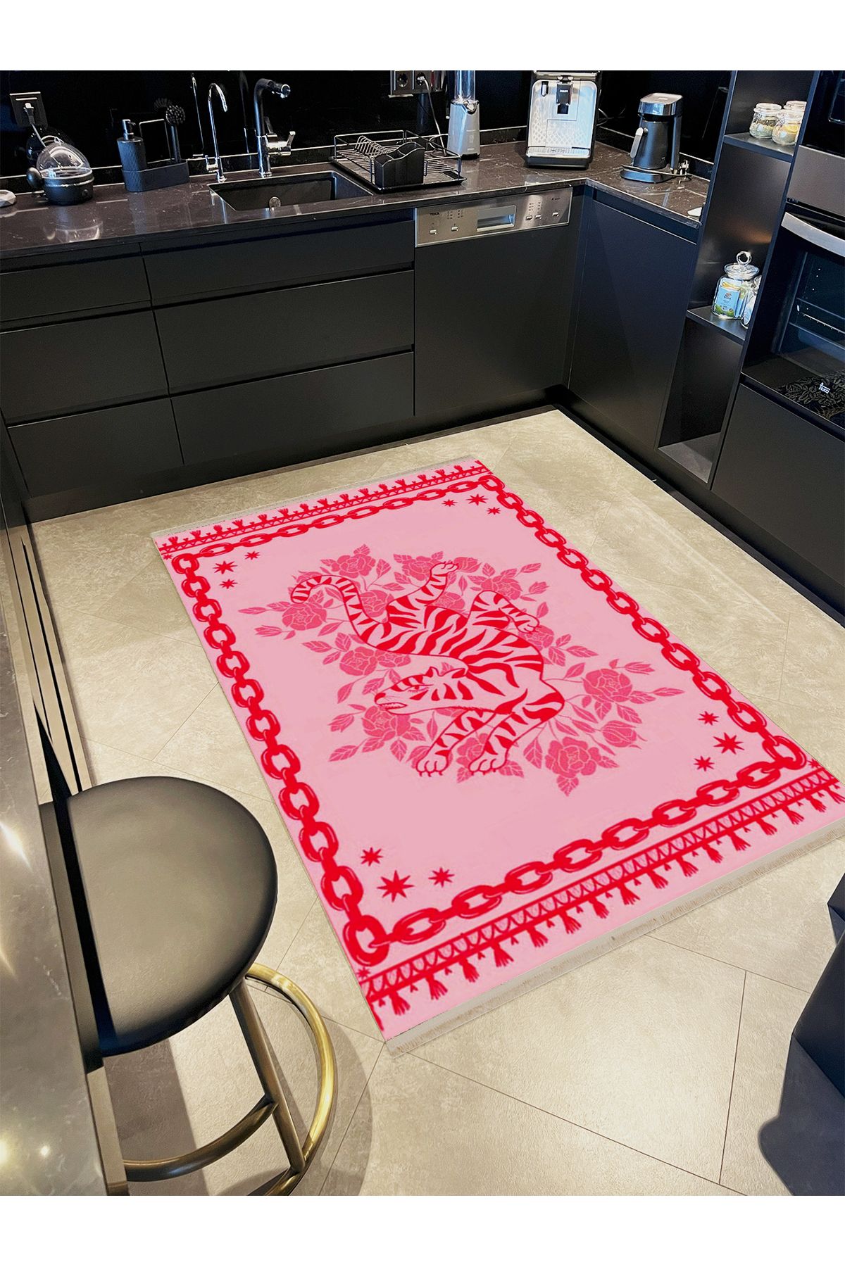 Yılmaz Koleksiyonu Pembe Kırmızı Zincir ve Çiçek Detaylı Kaplan Modern Dekoratif Halı yılmaz32
