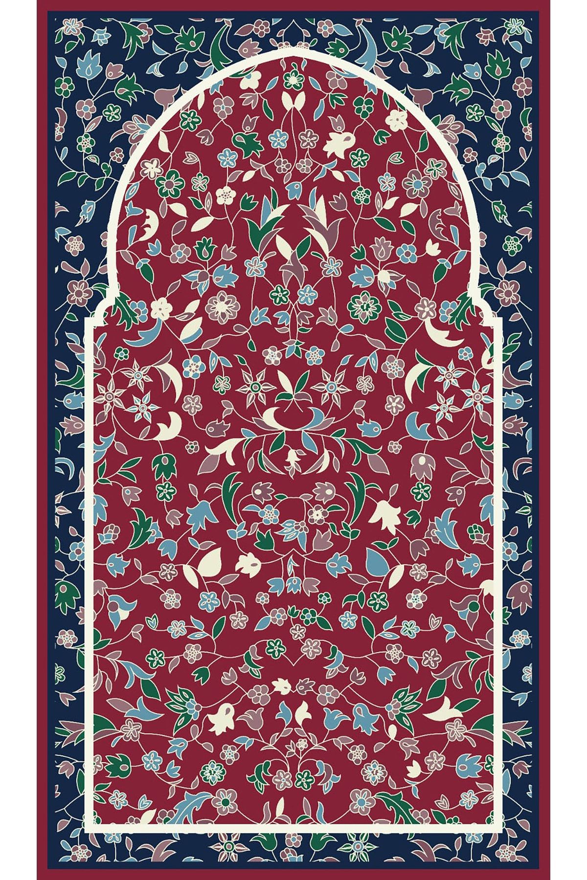 Lacivert Bordo Tonlarında Çiçekli Geometrik Desenli Seccade 70x120