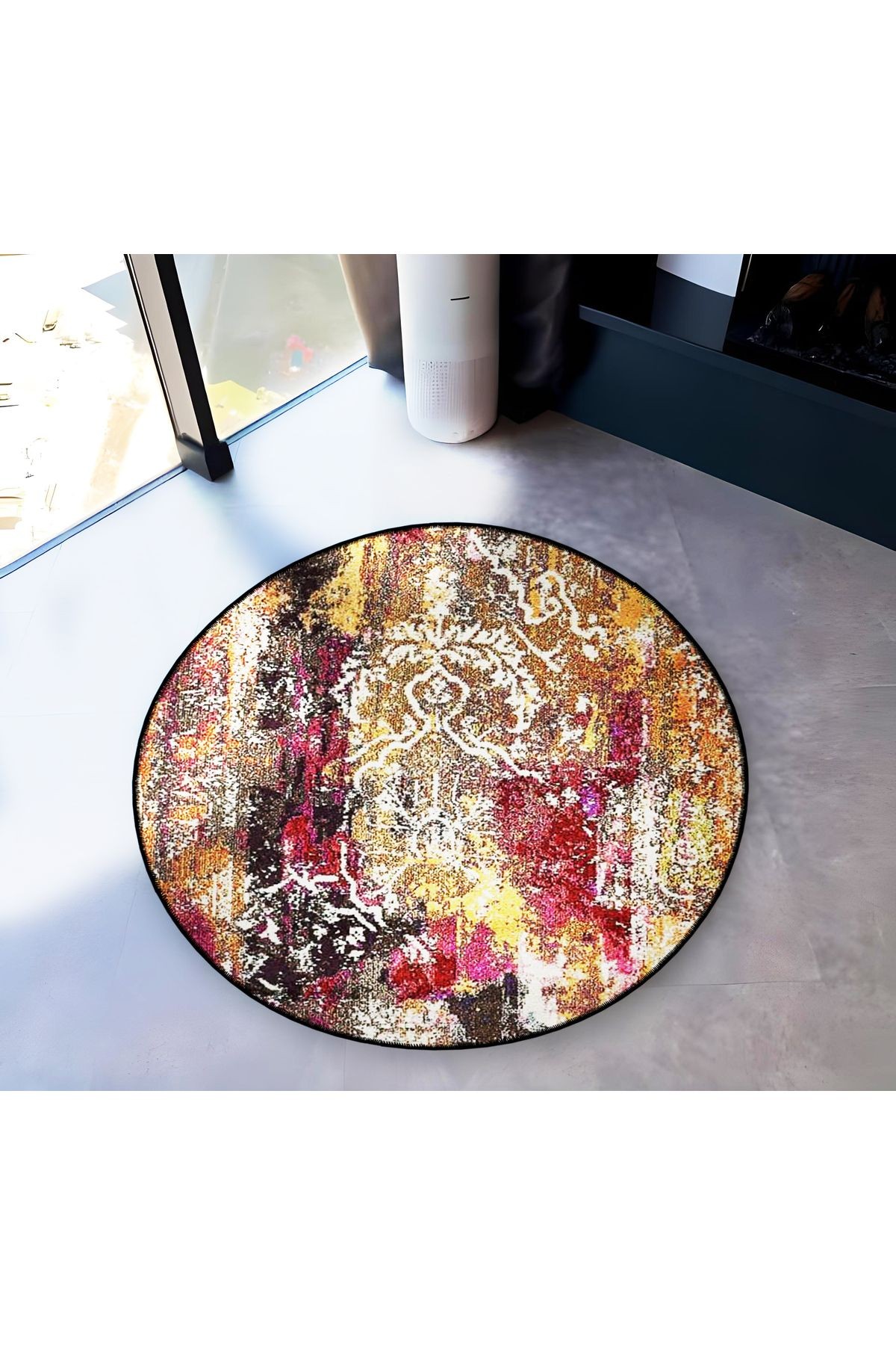 Çok Renkli Geleneksel Motif Desenli Yuvarlak Dokuma Taban Vintage Dekoratif Halı 6180