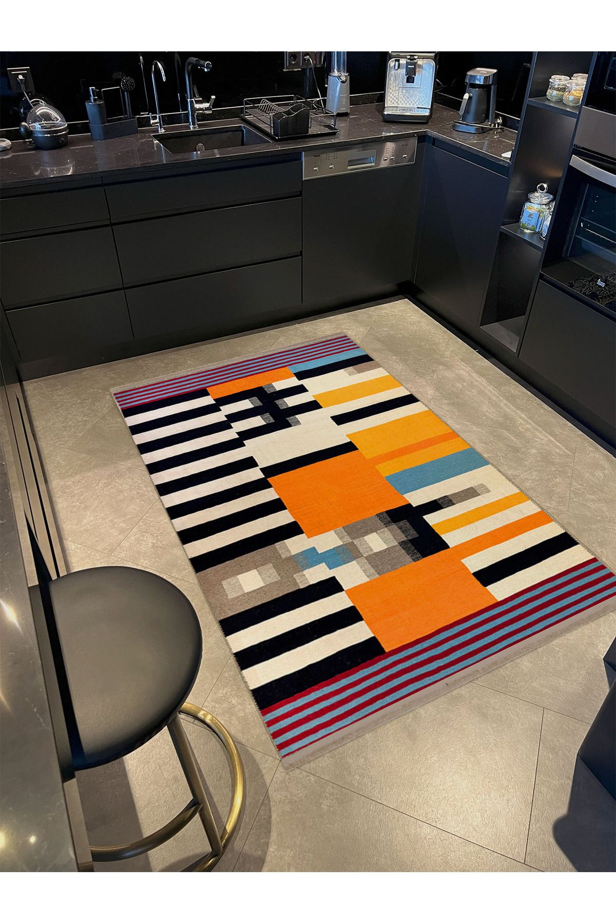 Emre Koleksiyonu Çok Renkli Şerit Çizgili Desenli Dokuma Taban Kreatif Modern Dekoratif Halı 17