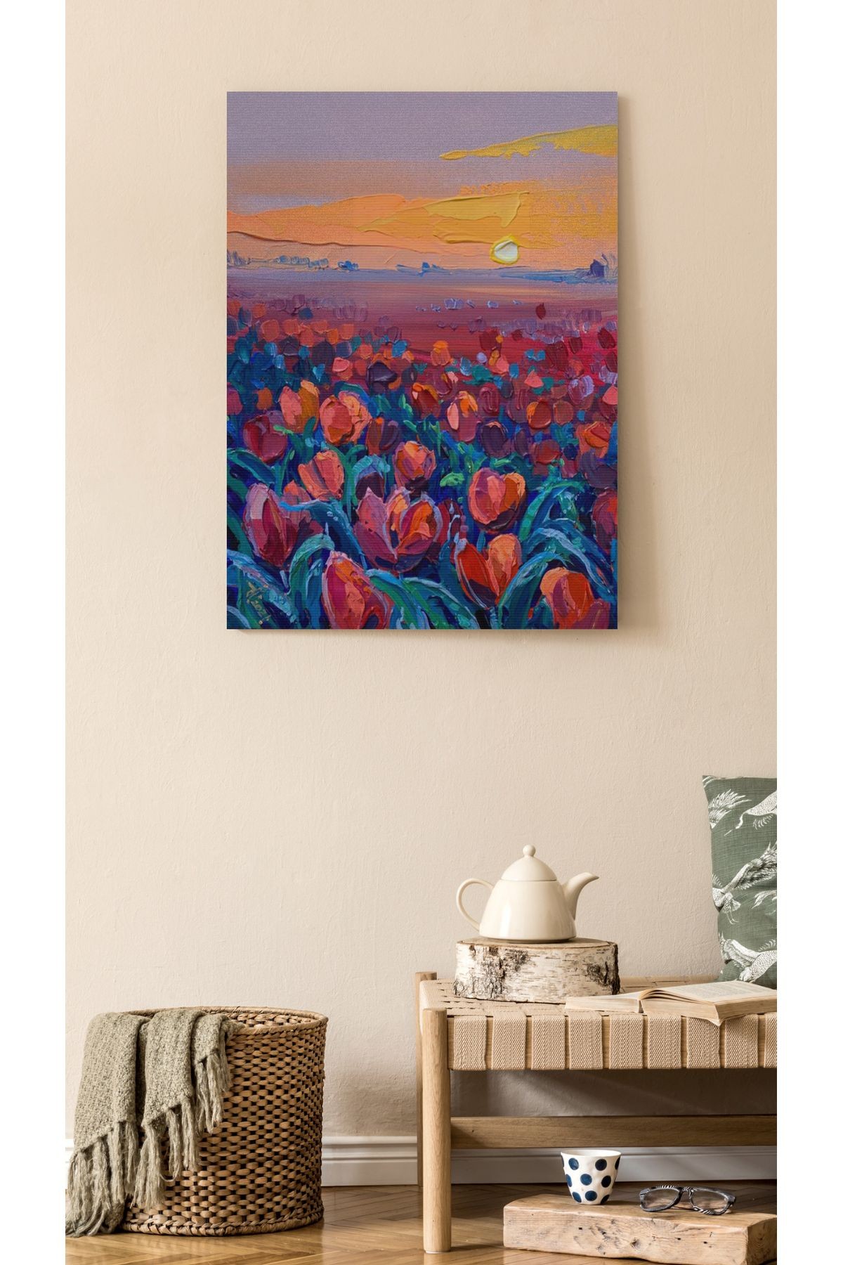 Kanvas Tablo Pastel Boyalı Kalp Desenli Bitki Manzaralı Desenli Modern Tablo