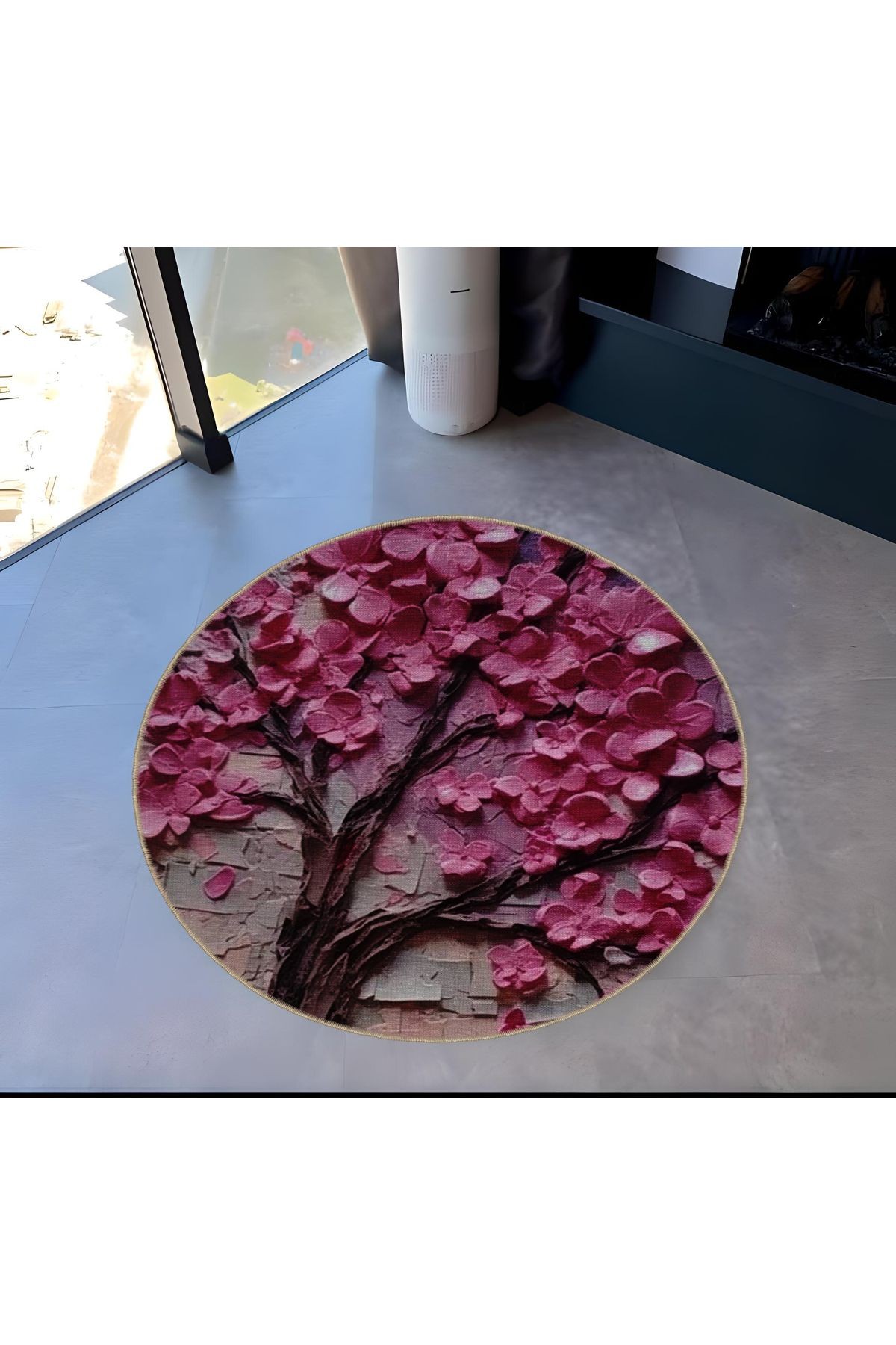 Pastel Tema Soyut Pembe Ağaç Desenli Yuvarlak Dokuma Taban Modern Dekoratif Halı 6053