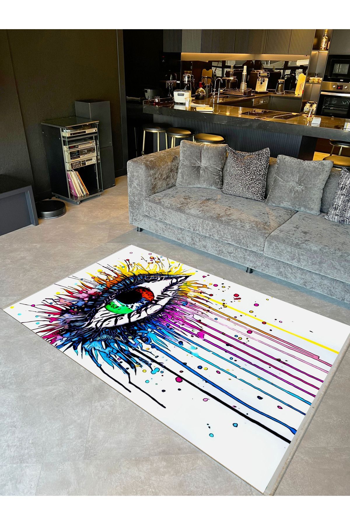 Atlas Koleksiyonu Çok Renkli Soyut Boya Akan Göz Desenli Modern Dekoratif Halı 42