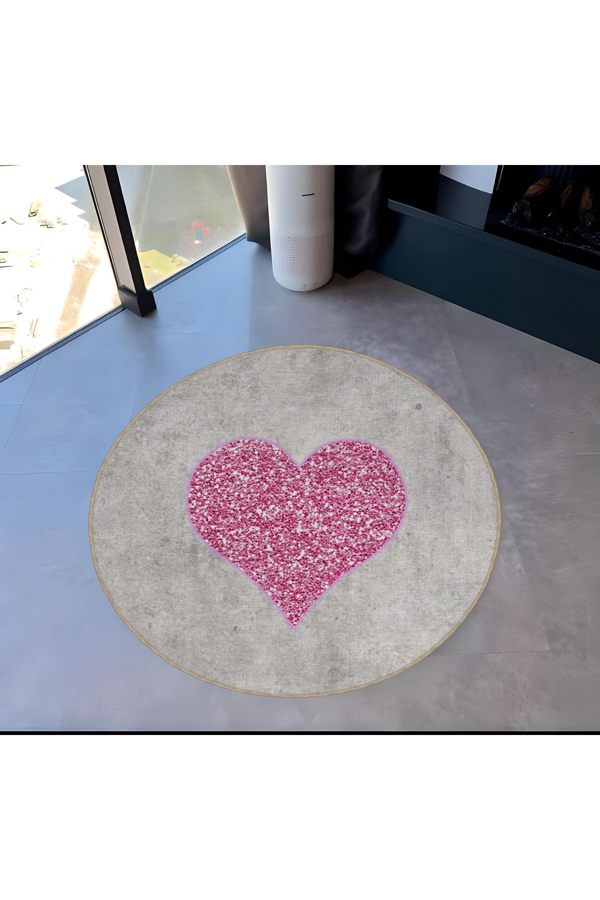 Pembe Gri Temalı Kalp Desenli Yuvarlak Dokuma Taban Modern Dekoratif Halı 6062