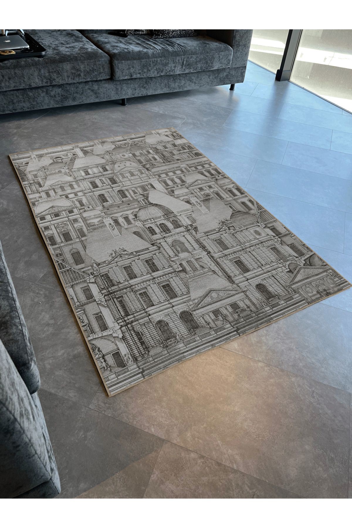 Gri Bej Temalı Antik Şehir Tasarım Bina Ev Desenli Modern Dekoratif Halı 2731