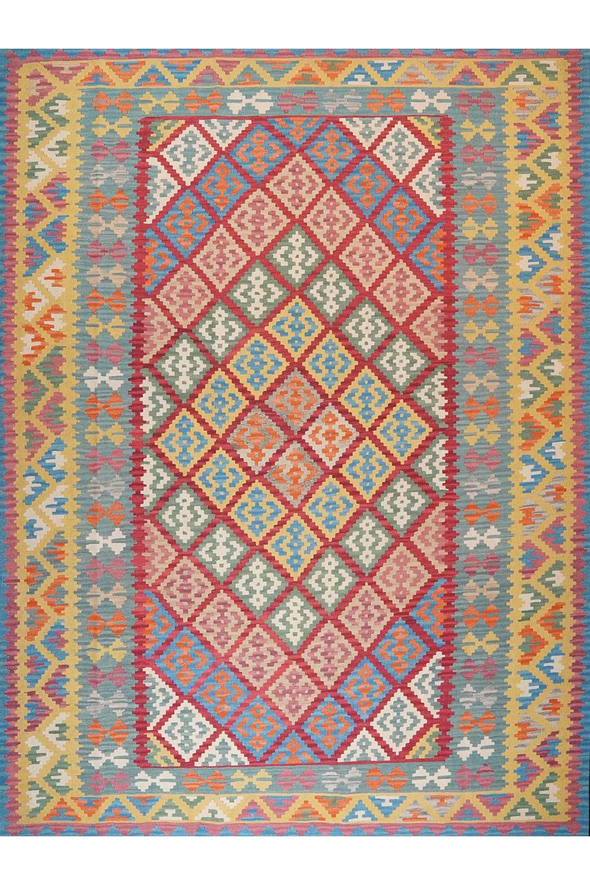 Kuzey Koleksiyonu Sarı Çerçeve Detaylı Çok Renkli Etnik Desenli Dokuma Taban Dekoratif Halı kuzey45