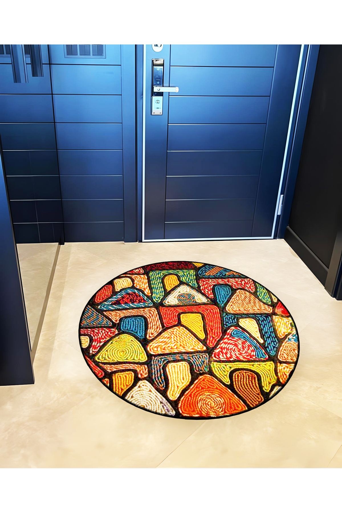 Çok Renkli Geometrik Şekilli Evler Desenli Yuvarlak Dokuma Taban Modern Dekoratif Halı 6187