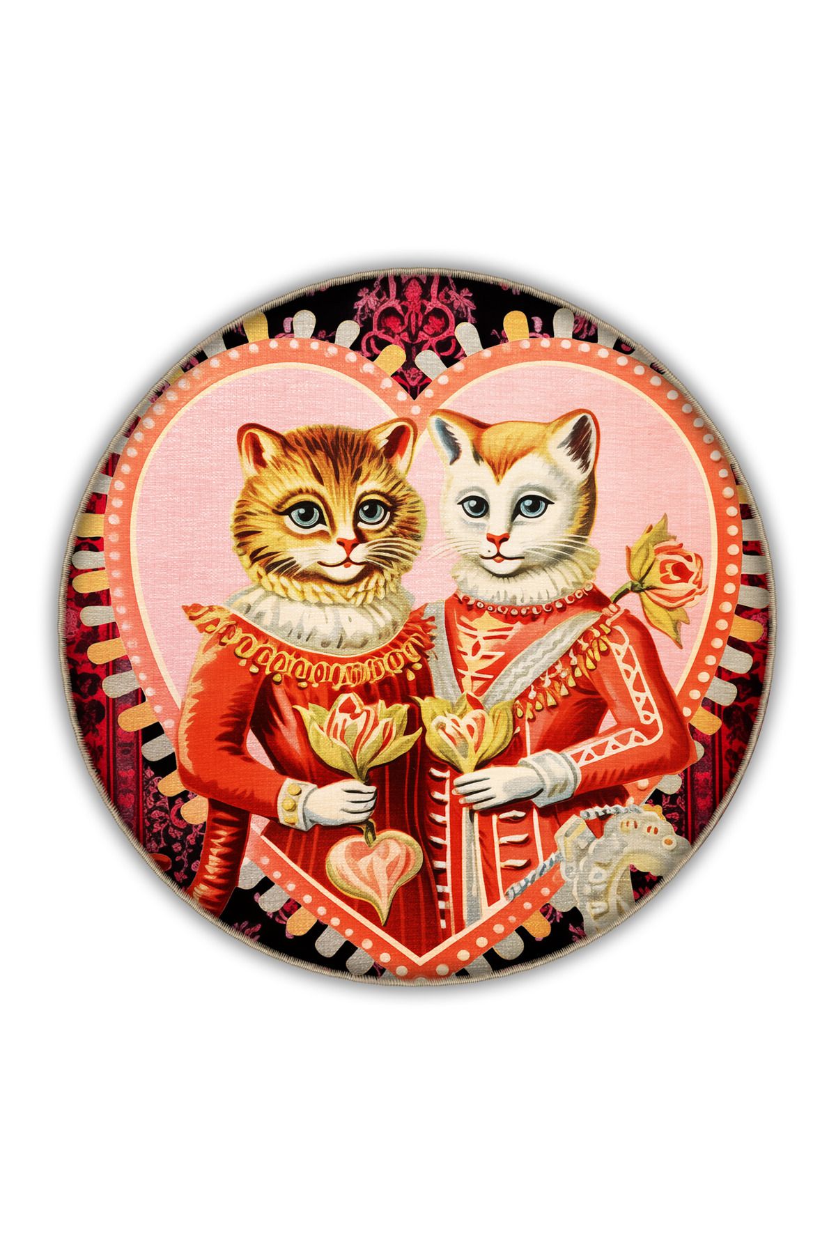 Dido 2 Koleksiyonu Kırmızı Pembe Temalı Motifli Asil Kedi Desenli Vintage Dekoratif Halı 3238