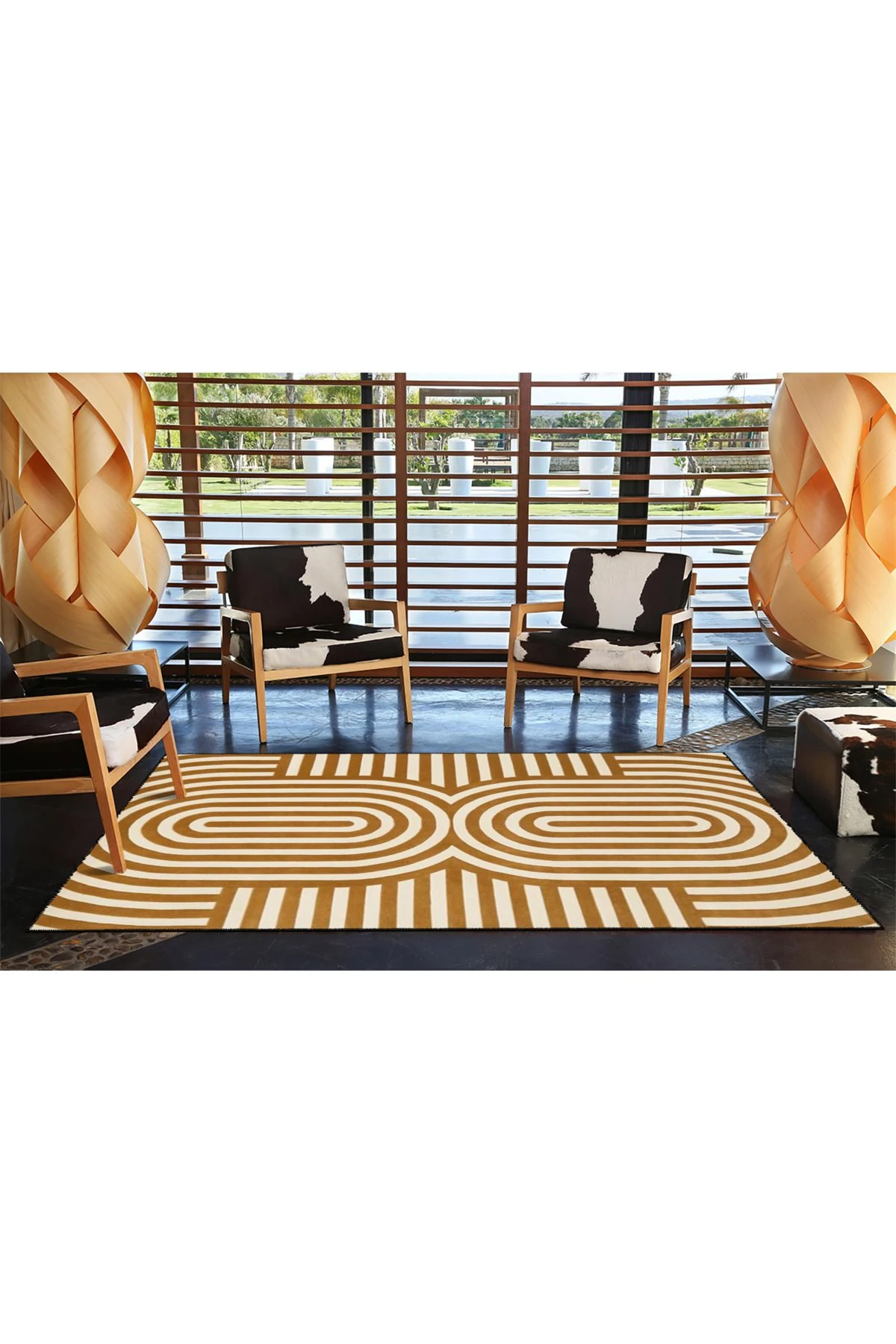 Oval Sarı Krem Geometrik Desenli Dokuma Taban ve Dekoratif Yıkanabilir Halı miravip8518