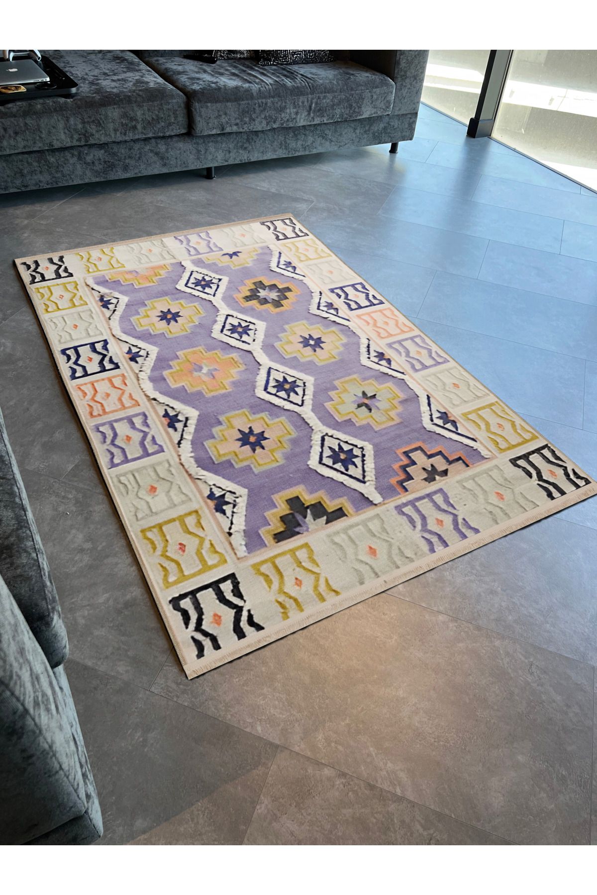 Sarı Mor Temalı Geometrik Şekil Desenli Kreatif Dekoratif Halı 1956