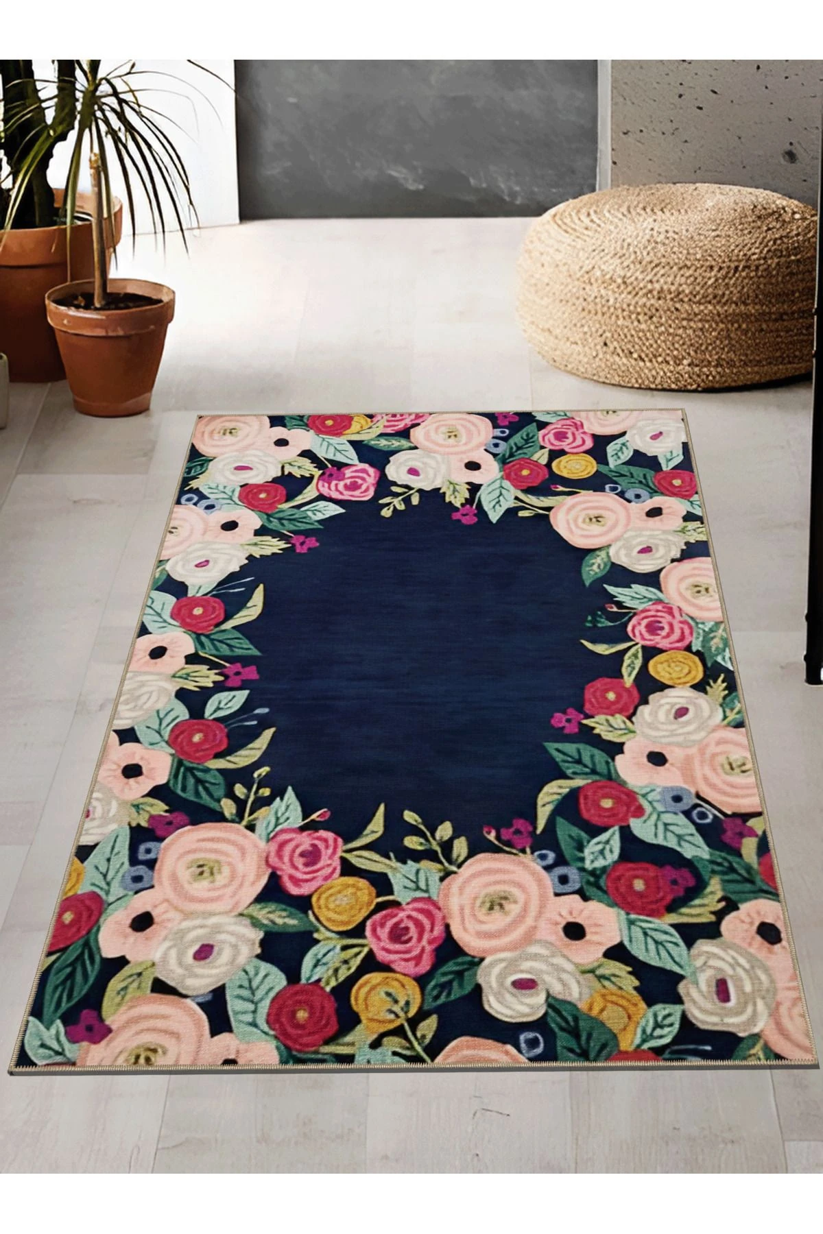 Lacivert Temalı Çok Renkli Ortası Boş Çiçek Gül Desenli Modern Dekoratif Halı 1696