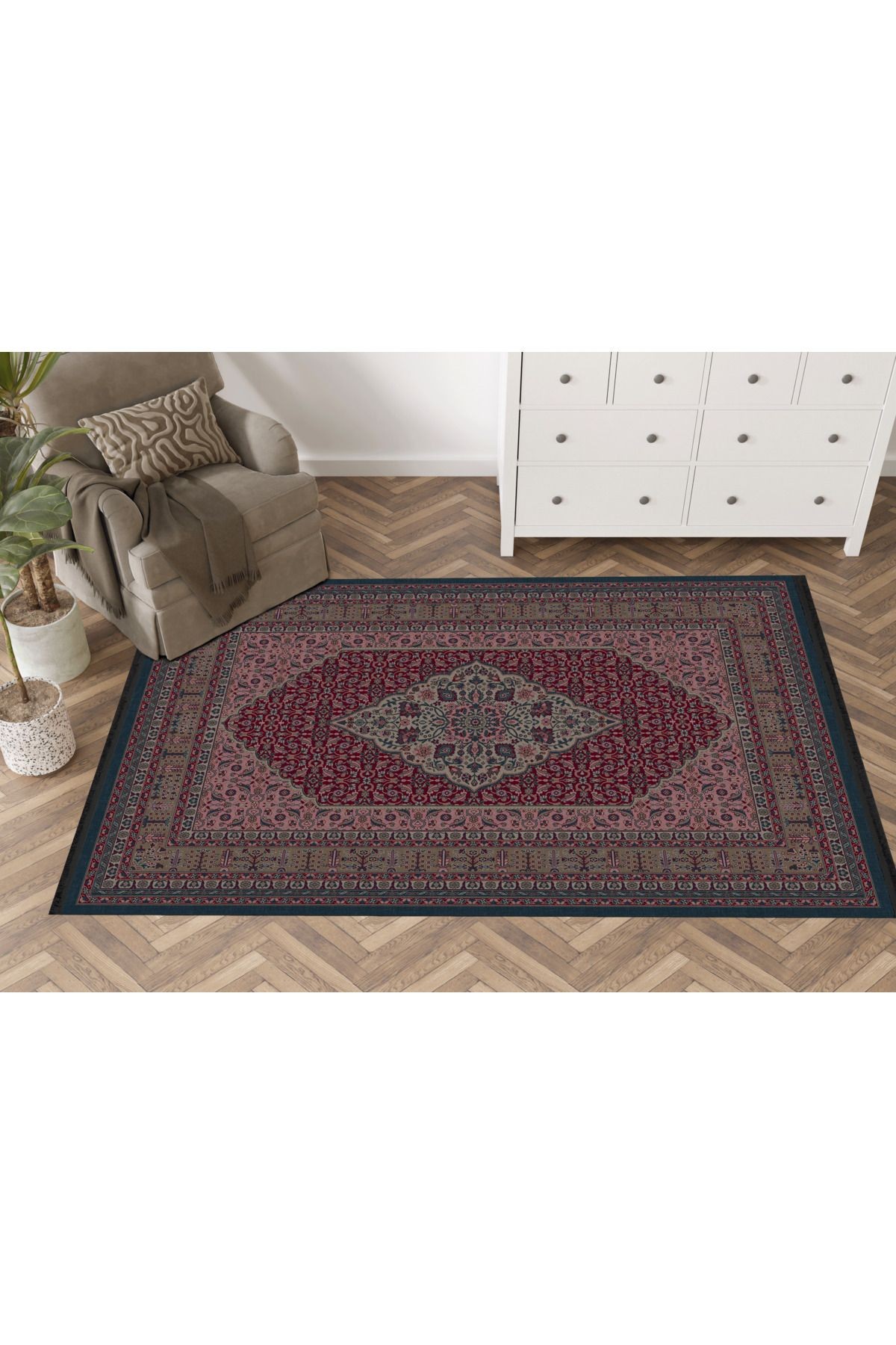 Mira Pembe Temalı Çok Renkli Geleneksel Motif Etnik Desenli Vintage Dekoratif Halı Mira 1594