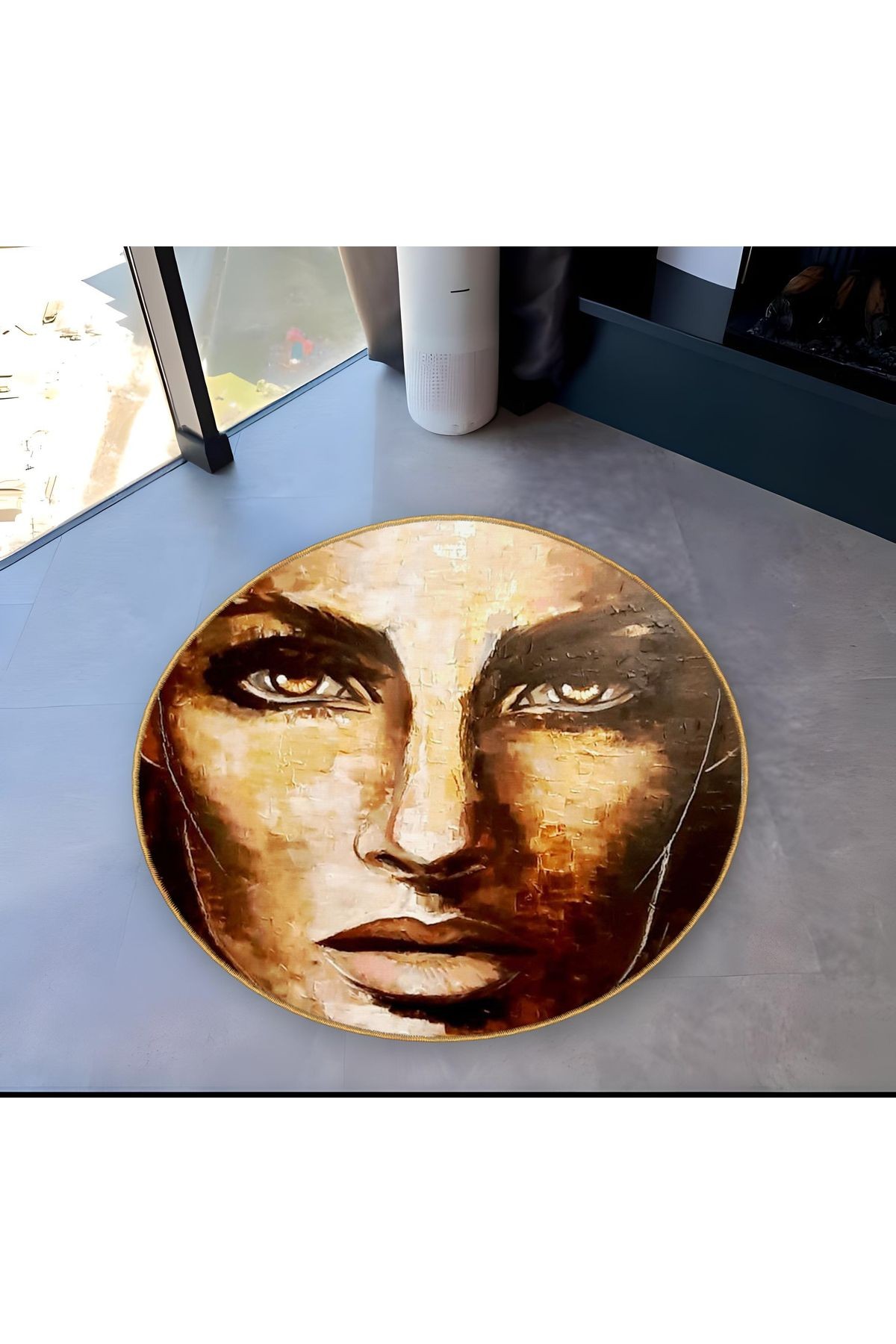Yuvarlak Kahve Bej Kadın Yüzü Desenli Dokuma Taban Halı miraface52