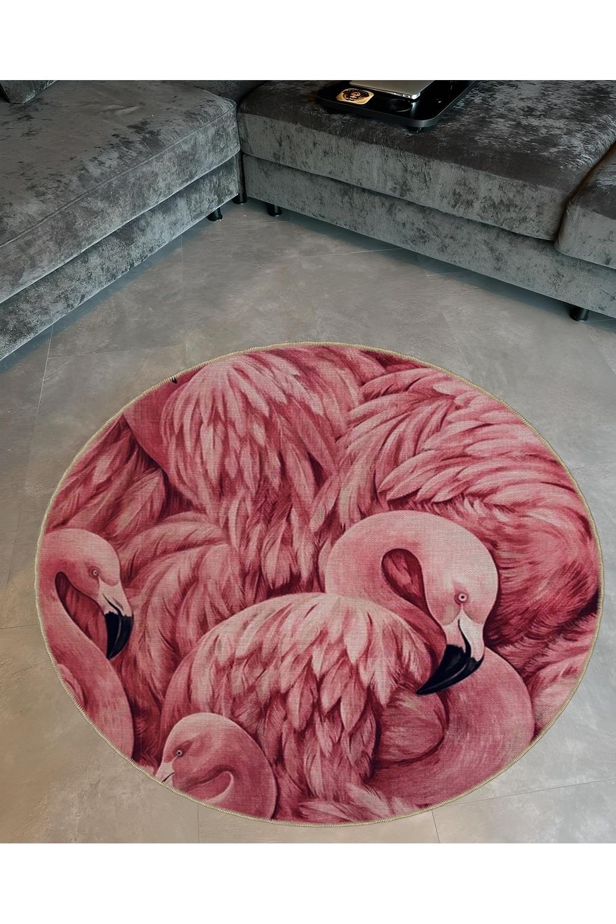 Animal Koleksiyonu Yuvarlak Flamingo Desenli Dokuma Taban Yıkanabilir Halı animal12