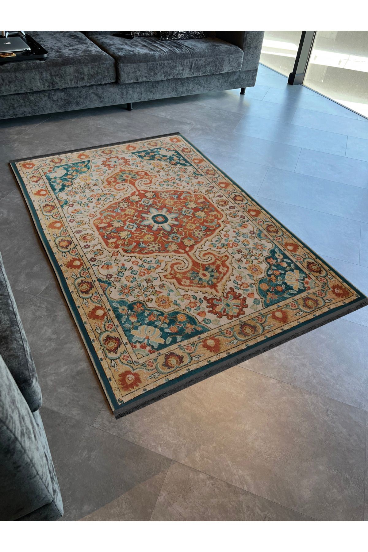 Mavi Turuncu Temalı Geleneksel Motif Etnik Desenli Kreatif Vintage Dekoratif Halı 2029