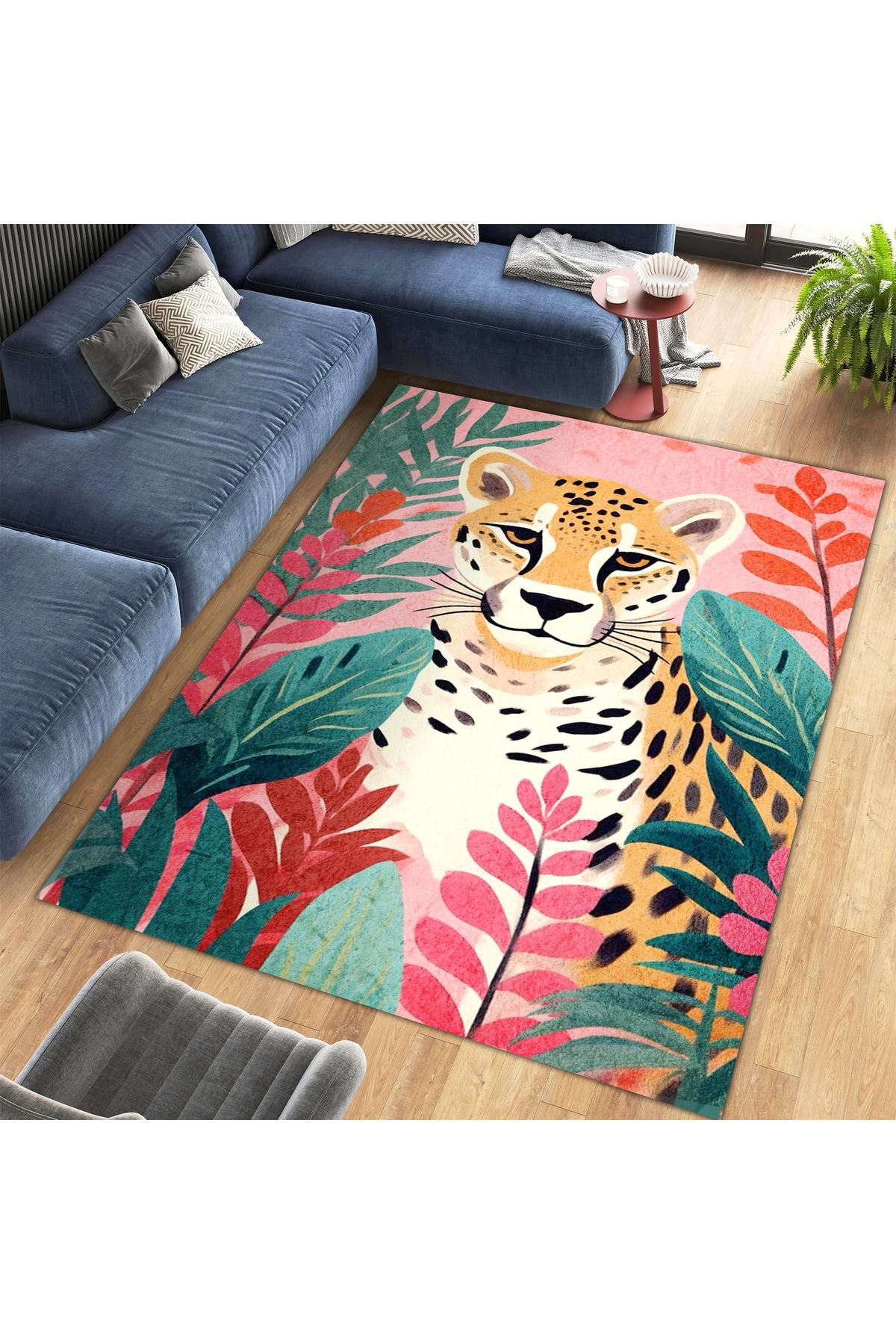 Kuzey Koleksiyonu Çok Renkli Yapraklar ve Leopar Desenli Dokuma Taban Modern Dekoratif Halı kuzey25
