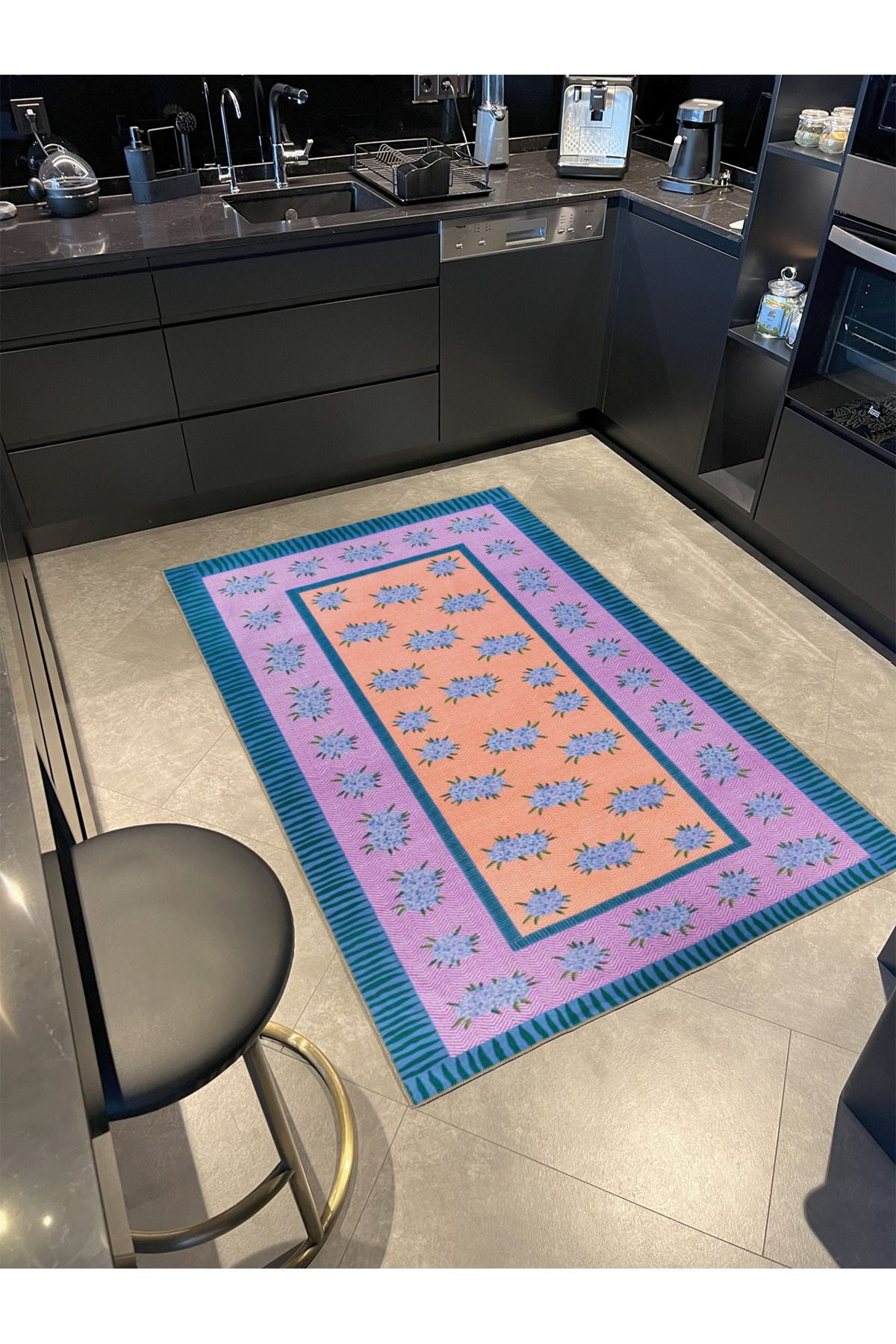 Mor Yaprak İşlemeli Yıkanabilir Dokuma Taban Halı miravip1064