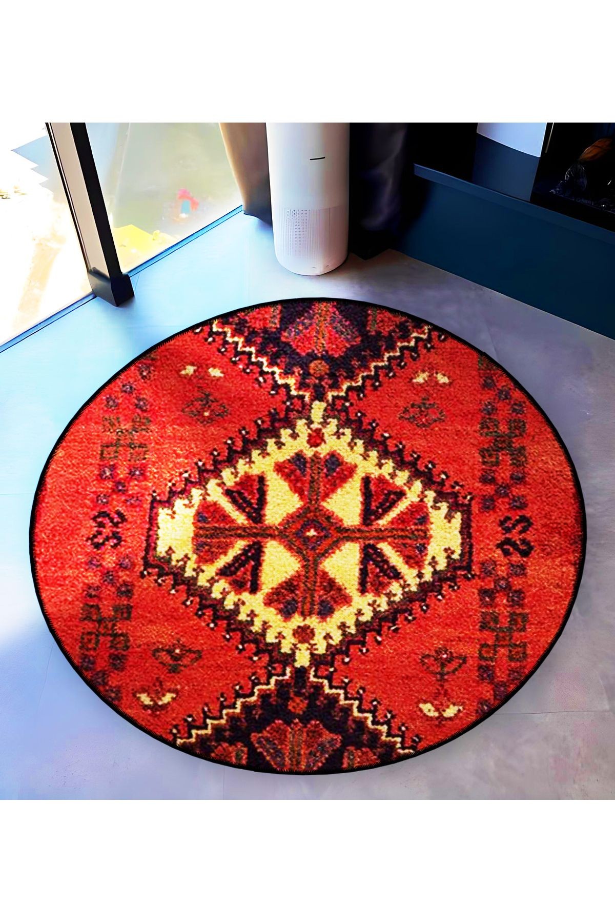 Kırmızı Tema Etnik Motifli Geleneksel Desenli Yuvarlak Dokuma Taban Vintage Dekoratif Halı 6221