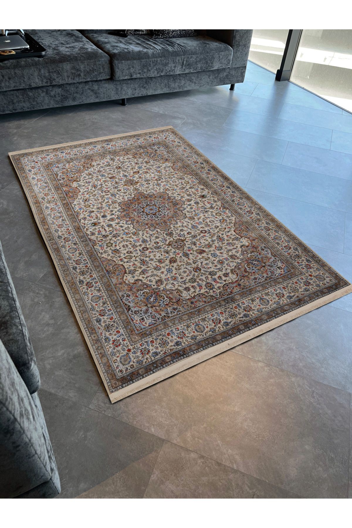 Açık Ton Bej Temalı Geleneksel Motif Etnik Desenli Kreatif Vintage Dekoratif Halı 2575