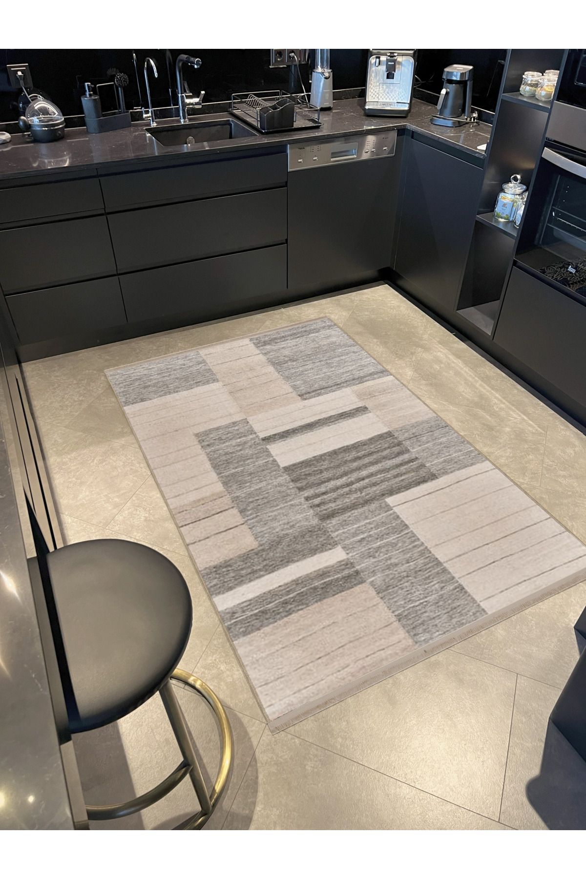 Gri Bej Temalı Karma Geometrik Desenli Saçaklı Modern Dekoratif Halı 3246