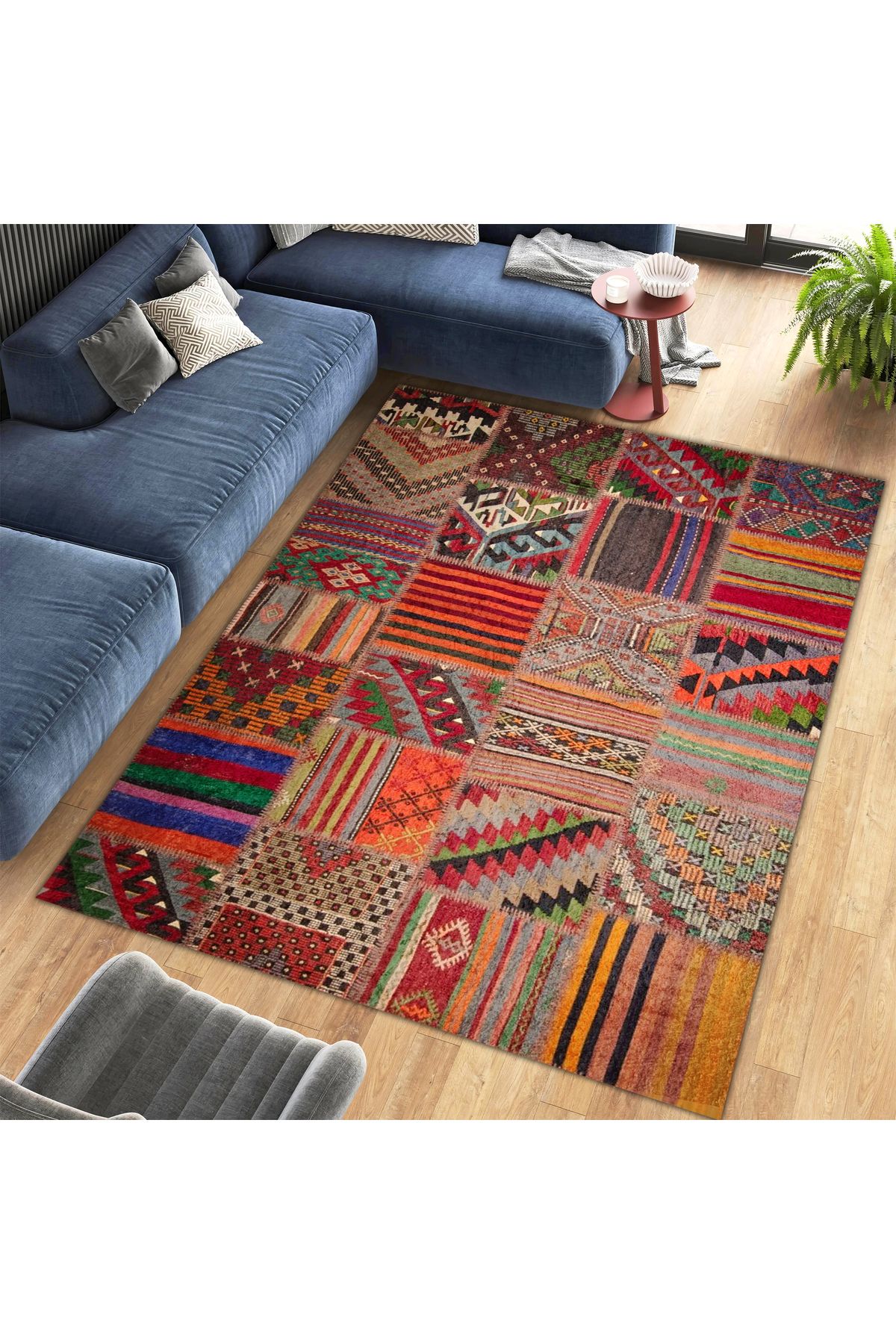 Aysu Koleksiyonu Çok Renkli Patchwork Görünümlü Dokuma Taban Modern Dekoratif Halı aysu16