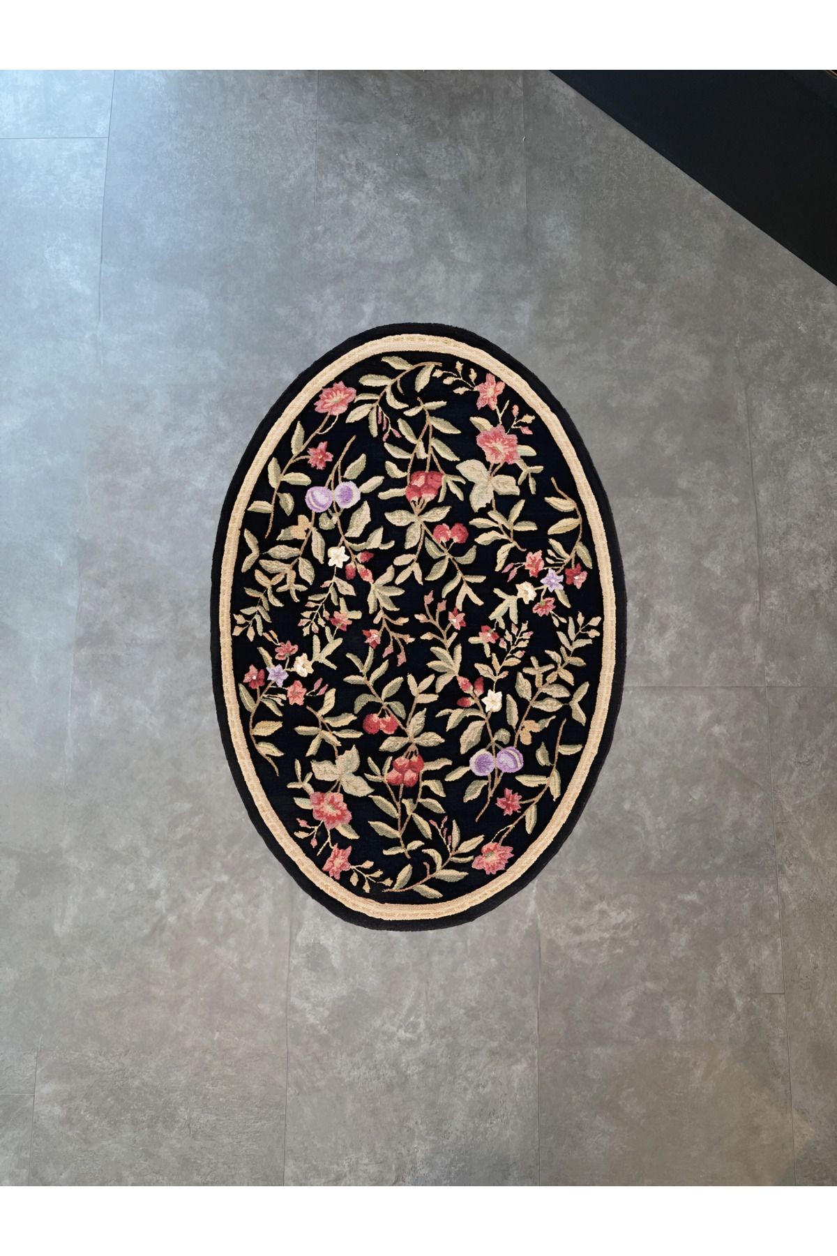 Elips Çok Renkli Çiçek Desenli Kreatif Vintage Dokuma Taban Yuvarlak Dekoratif Halı 2100