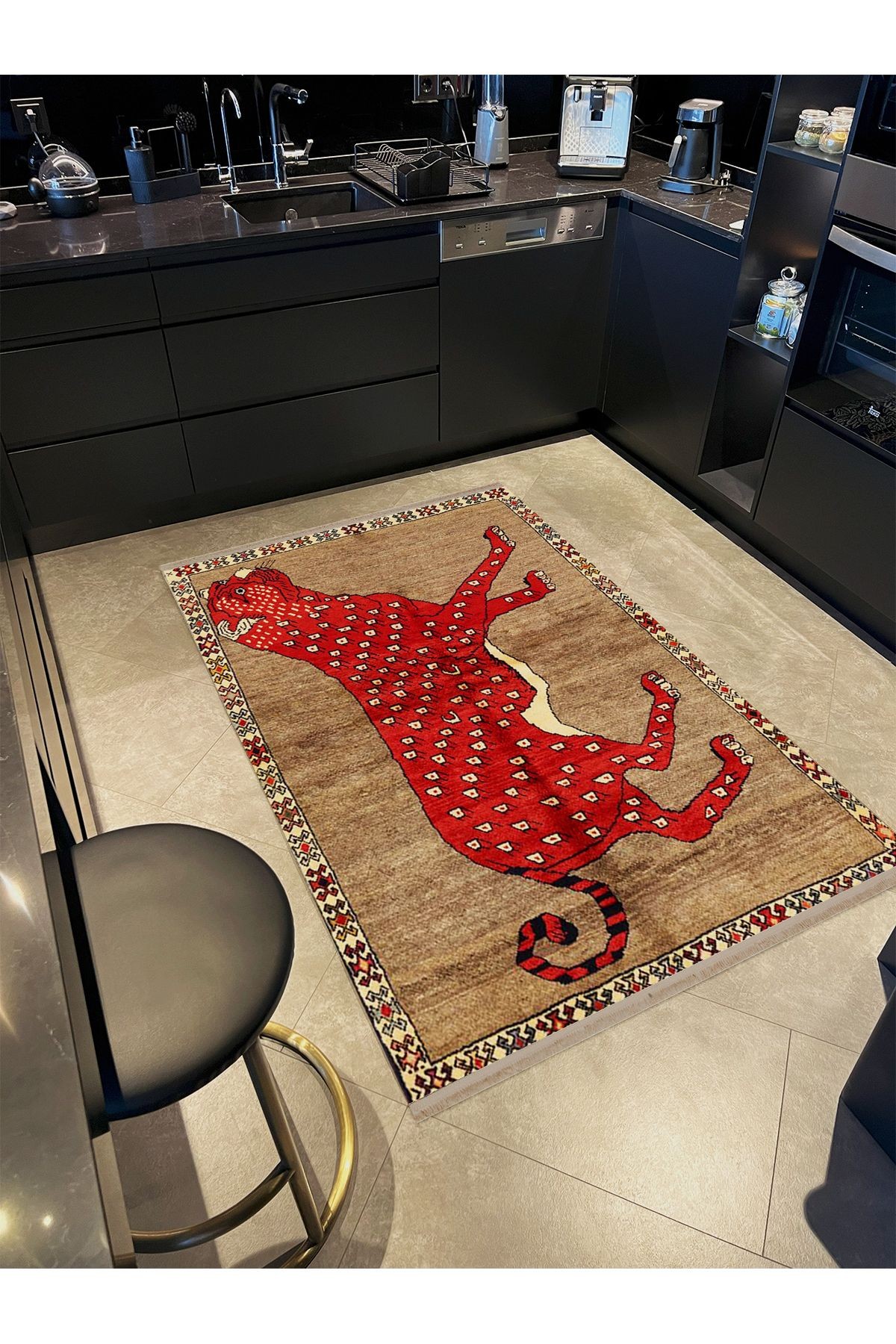 Asena Koleksiyonu Kahverengi Temalı Kırmızı Leopar Desenli Modern Dekoratif Halı 50