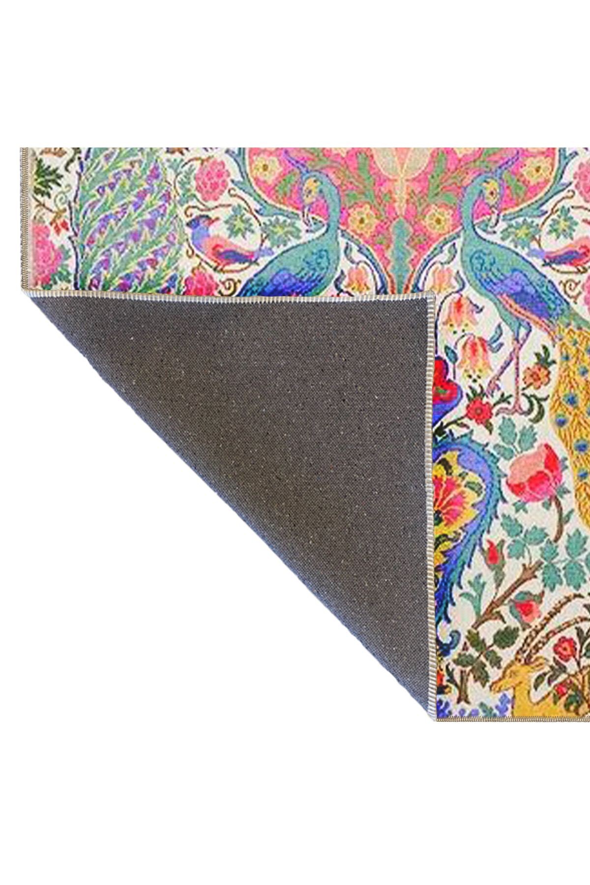 Floral Temalı Çok Renkli Karma Çiçek ve Tavus Kuşu Desenli Modern Dekoratif Halı 4922