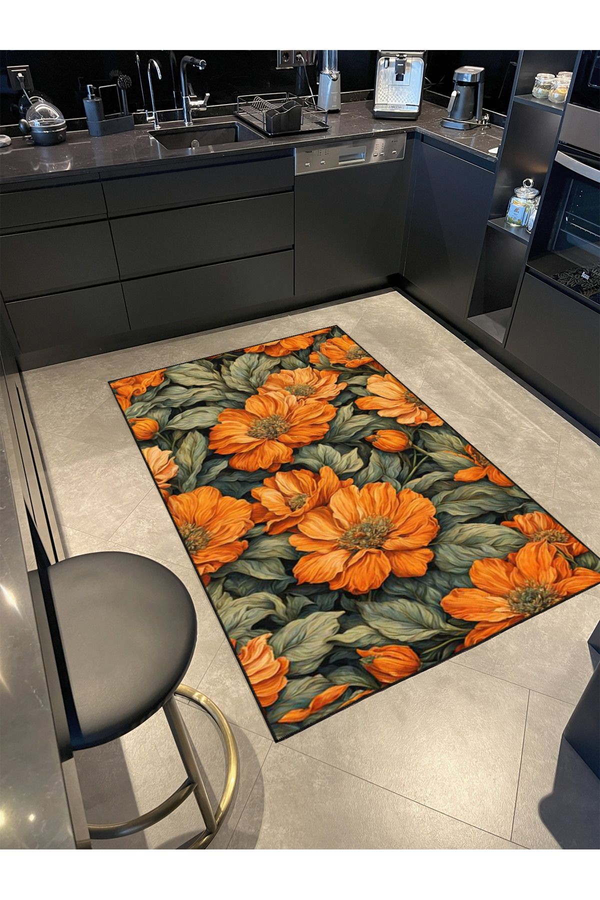 Floral Turuncu Desenli Yıkanabilir Halı miravip8218