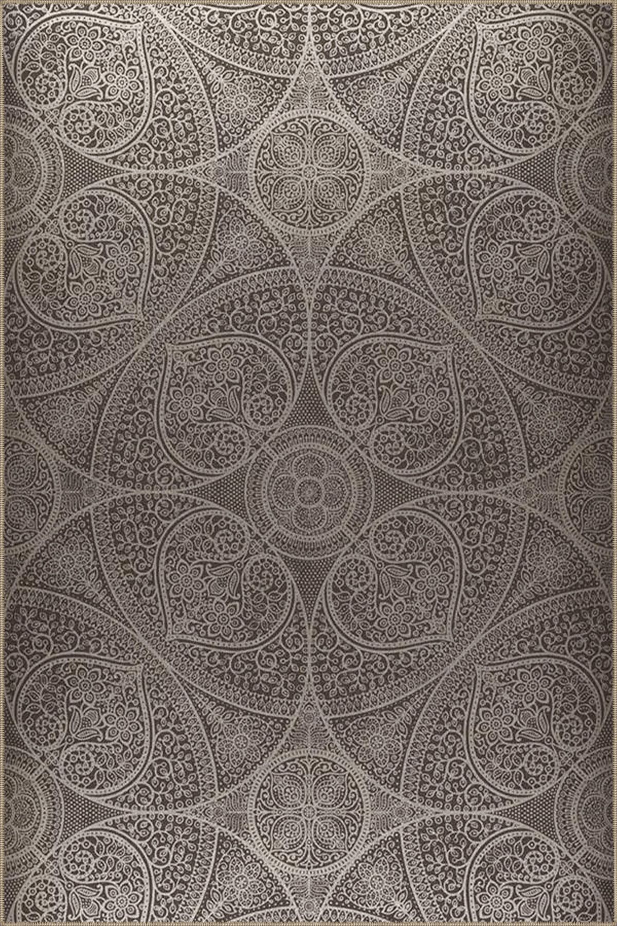 Gri Temalı Yıldız ve Daire Şekil Motif Desenli Vintage Dekoratif Halı 4909