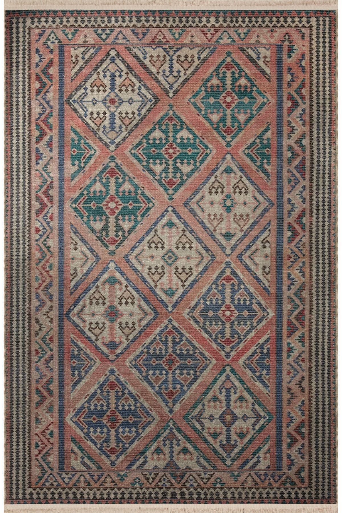 Pembe Temalı Çok Renkli Geleneksel Motif Desenli Kreatif Vintage Dekoratif Halı 2902
