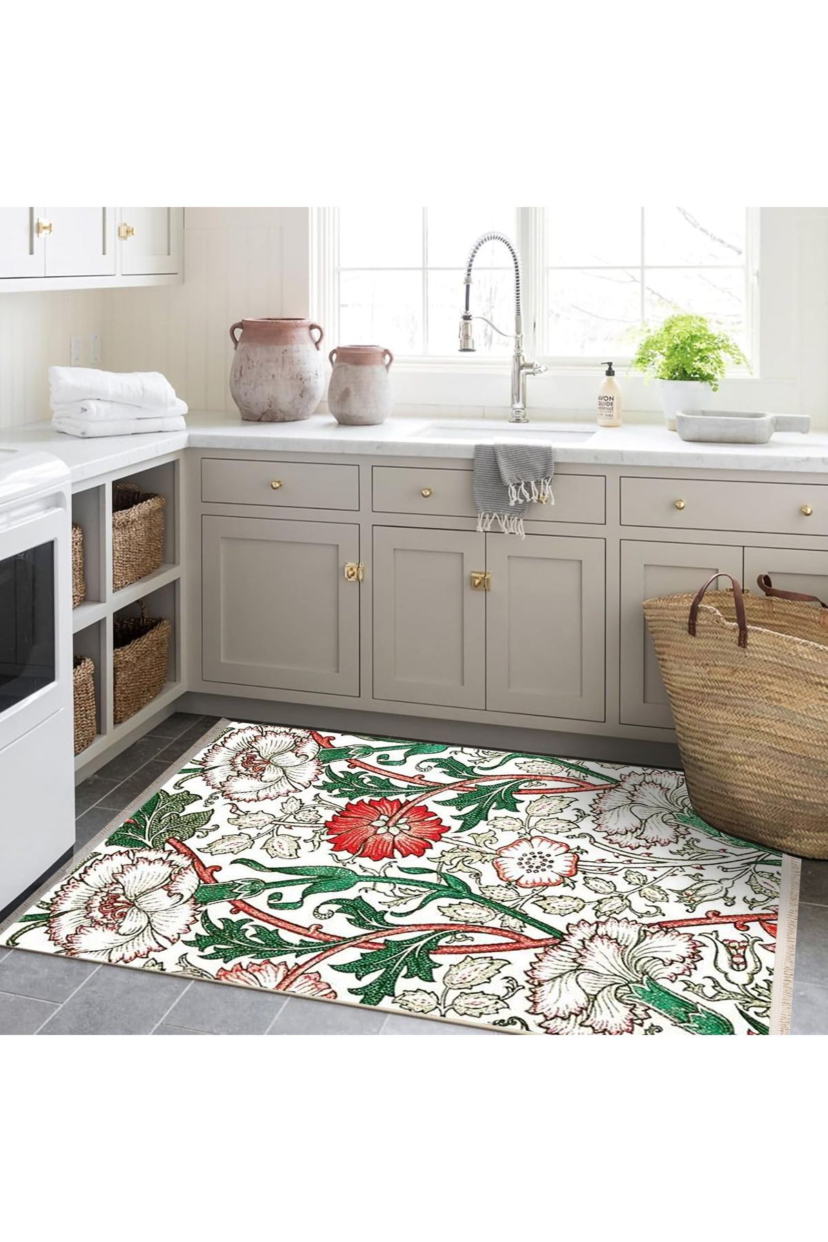 Asena Koleksiyonu Yeşil Bej Temalı Floral Gül Desenli Kreatif Modern Dekoratif Halı 36