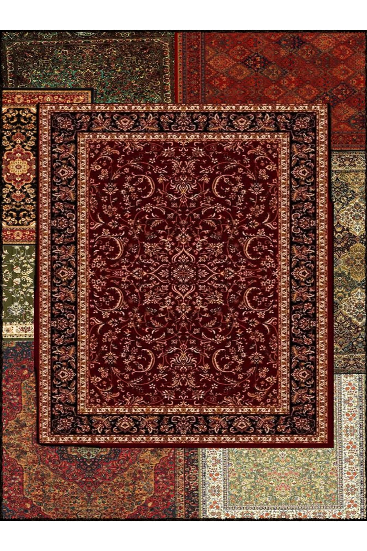Kuvars Koleksiyonu Çok Renkli Vintage Motifler Desenli Dokuma Taban Etnik Dekoratif Halı kuvars34