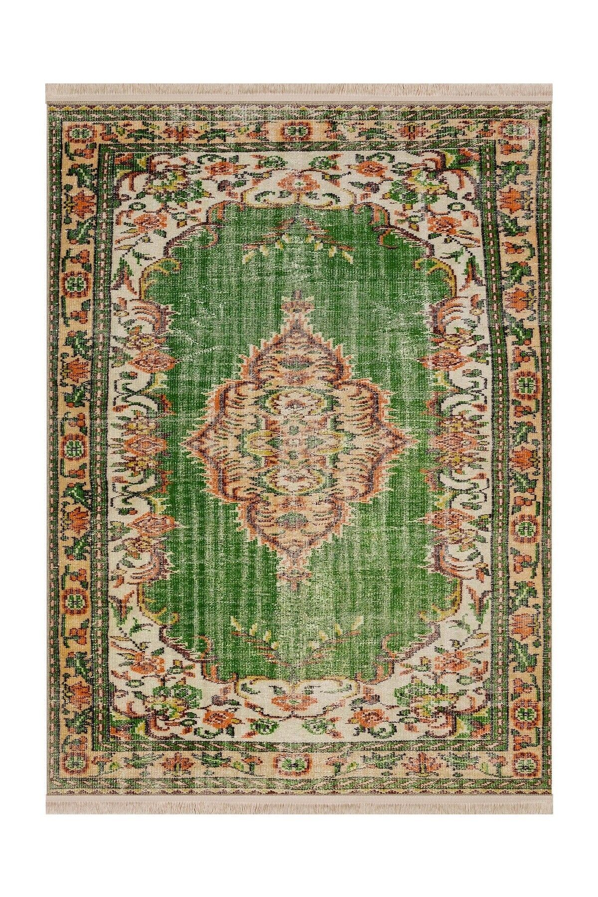 Memlük Koleksiyonu Yeşil Bej Tema Geleneksel Vintage Desenli Dokuma Taban Dekoratif Halı memlük21