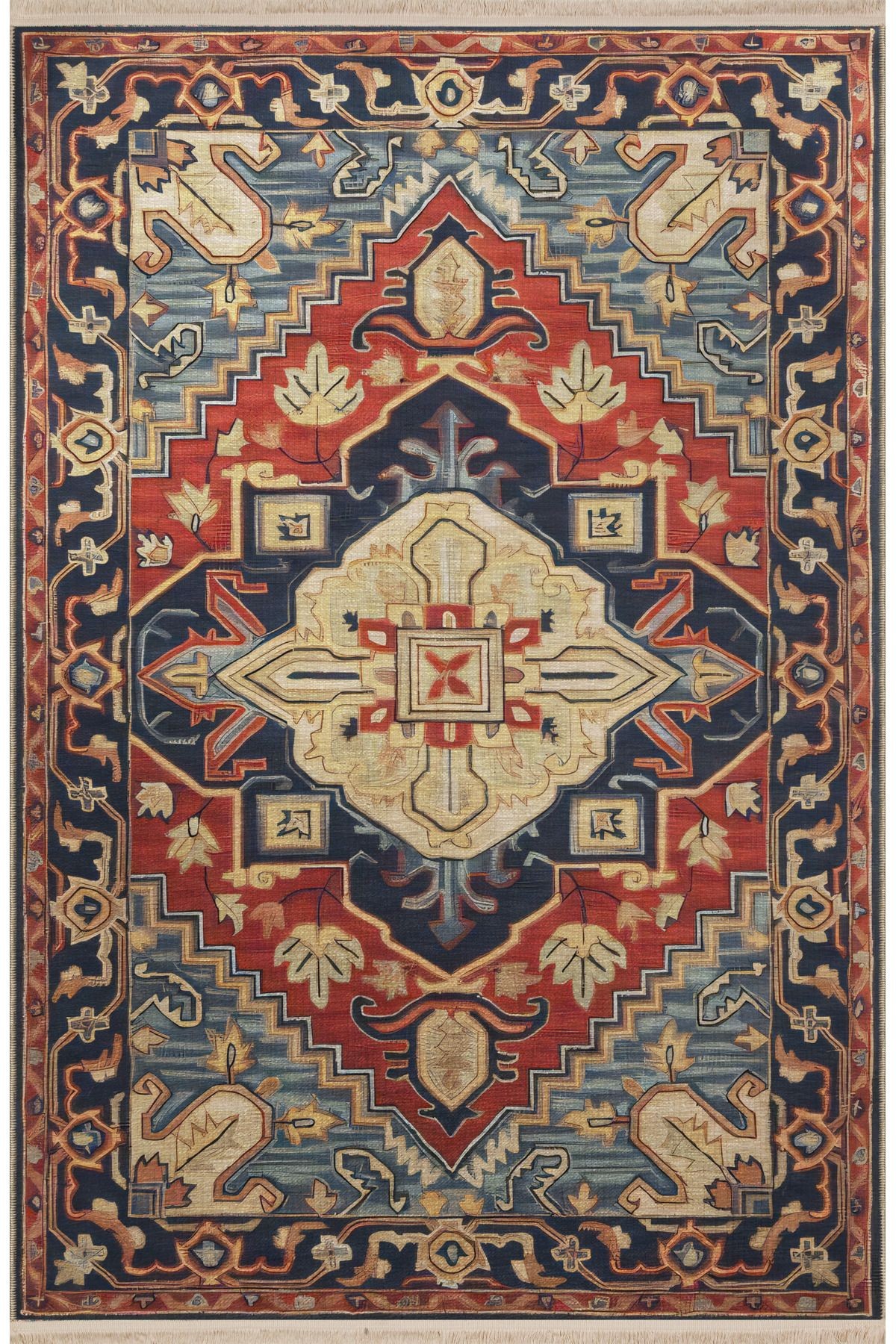 Mavi Kırmızı Temalı Geleneksel Motif Etnik Desenli Kreatif Vintage Dekoratif Halı 2441