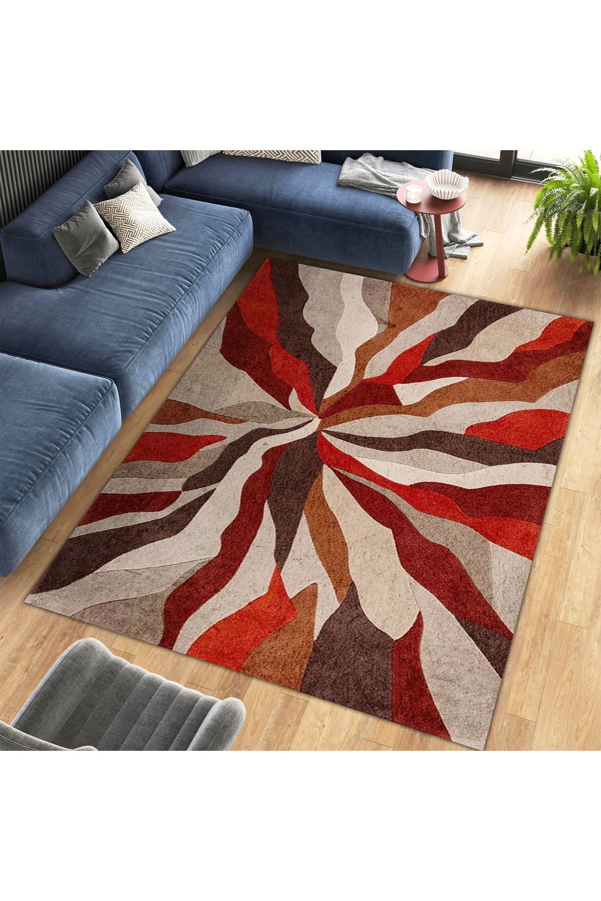 Kuzey Koleksiyonu Kırmızı Bej Soyut Desenli Dokuma Taban Dekoratif Halı kuzey07