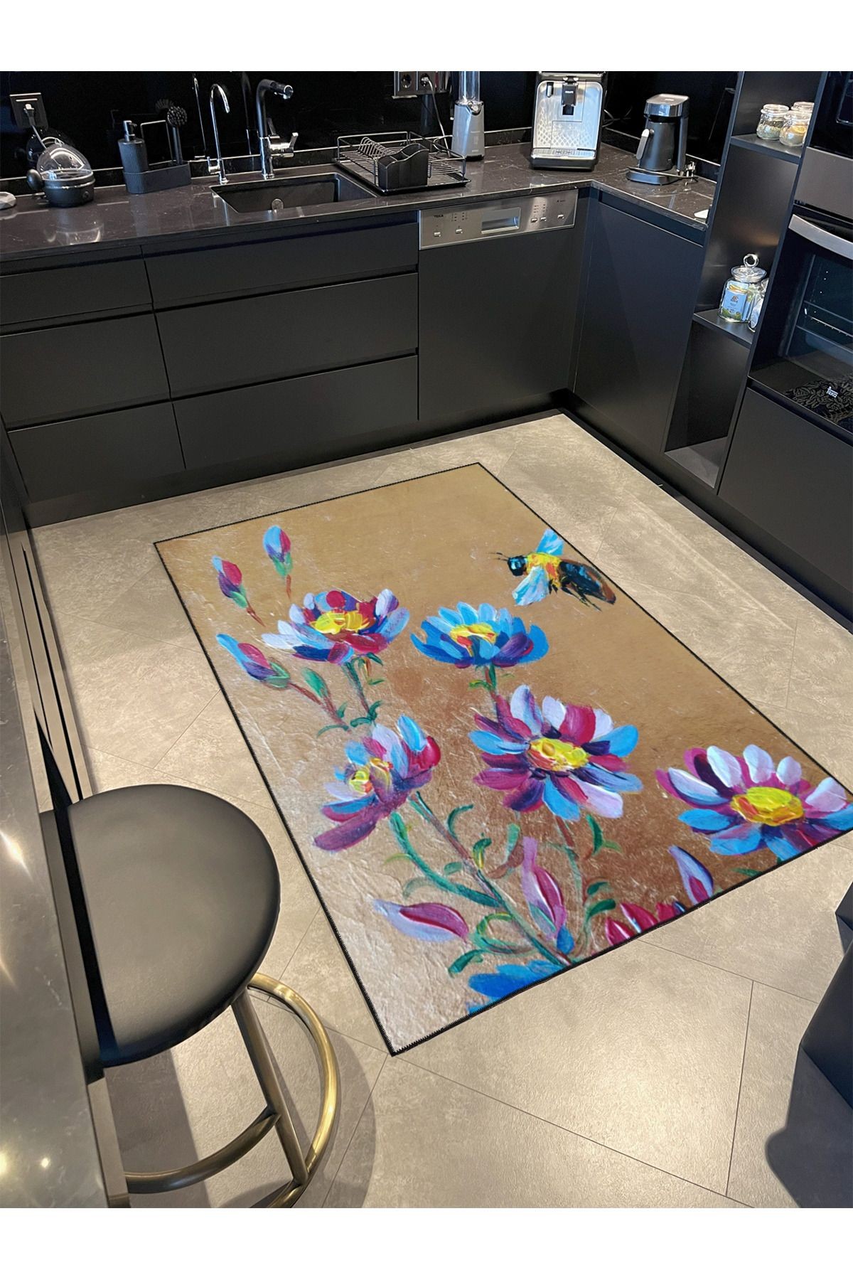 Floral Çiçek Temalı Dokuma Taban Yıkanabilir Halı miravip8769