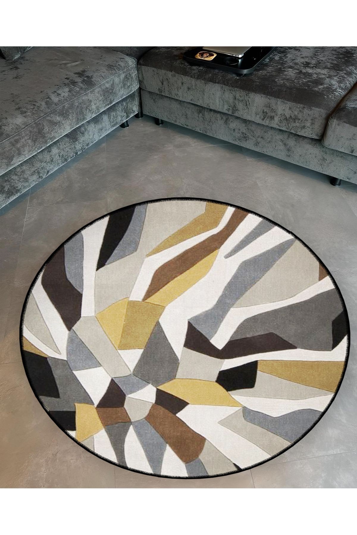 Gri Tema Soyut Abstract Desenli Yuvarlak Dokuma Taban Modern Dekoratif Halı 6102